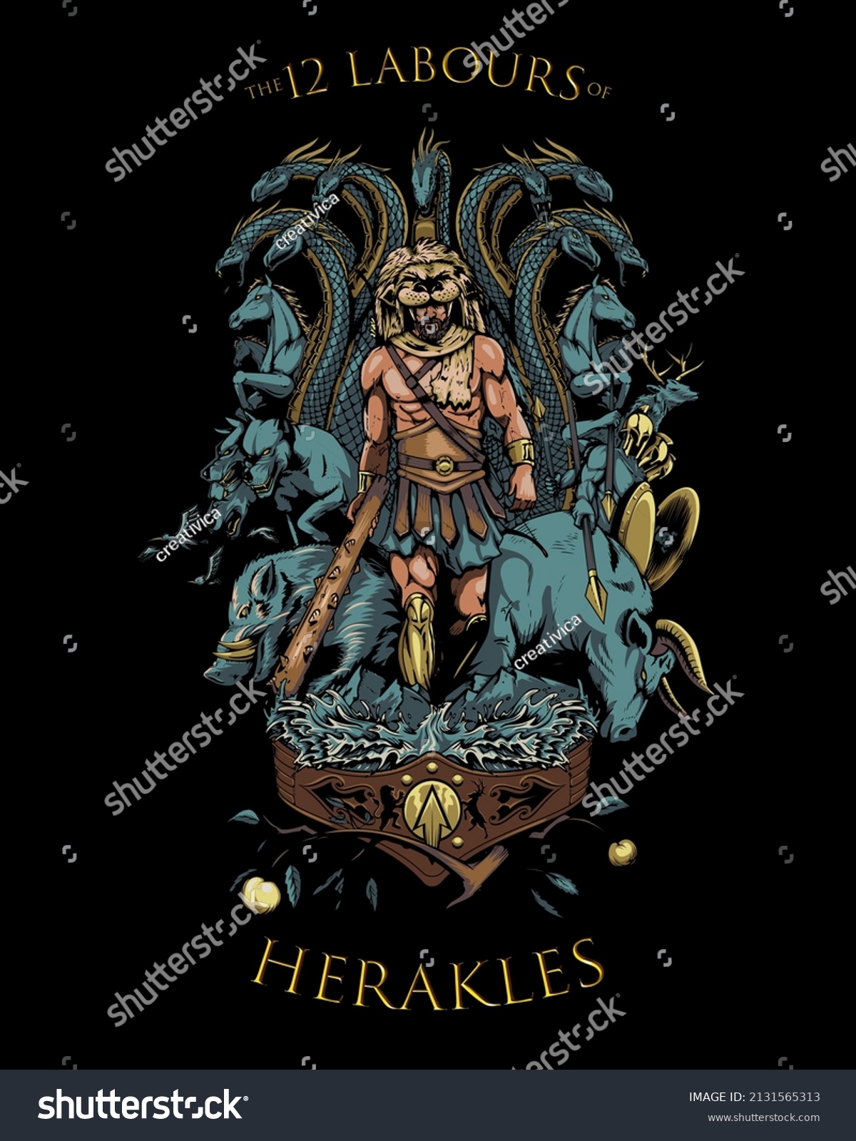 SVG of the 12 Labours of Herakles vector illustration in tattoo art style, that this also can be a tattoo art, poster thirt print or any other purpose. svg