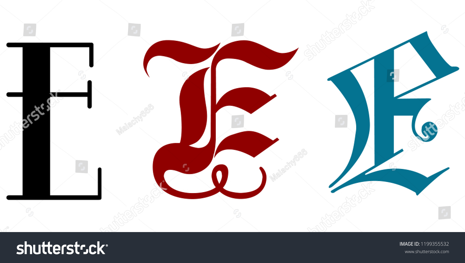 Letter E Three Different Calligraphy Styles Stock Vector Royalty