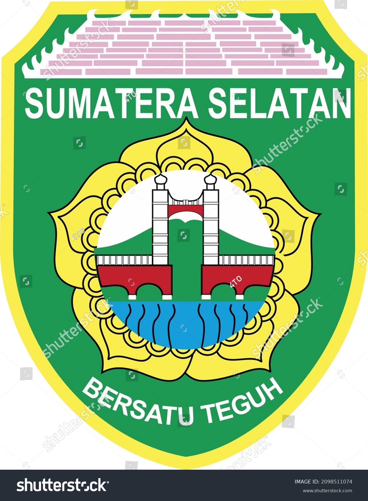 SVG of the logo of the province of south sumatra, the coat of arms of South Sumatra in the form of a five-pointed shield. Inside there are paintings of lotus flowers, nine stems, the Ampera bridge, and mount svg
