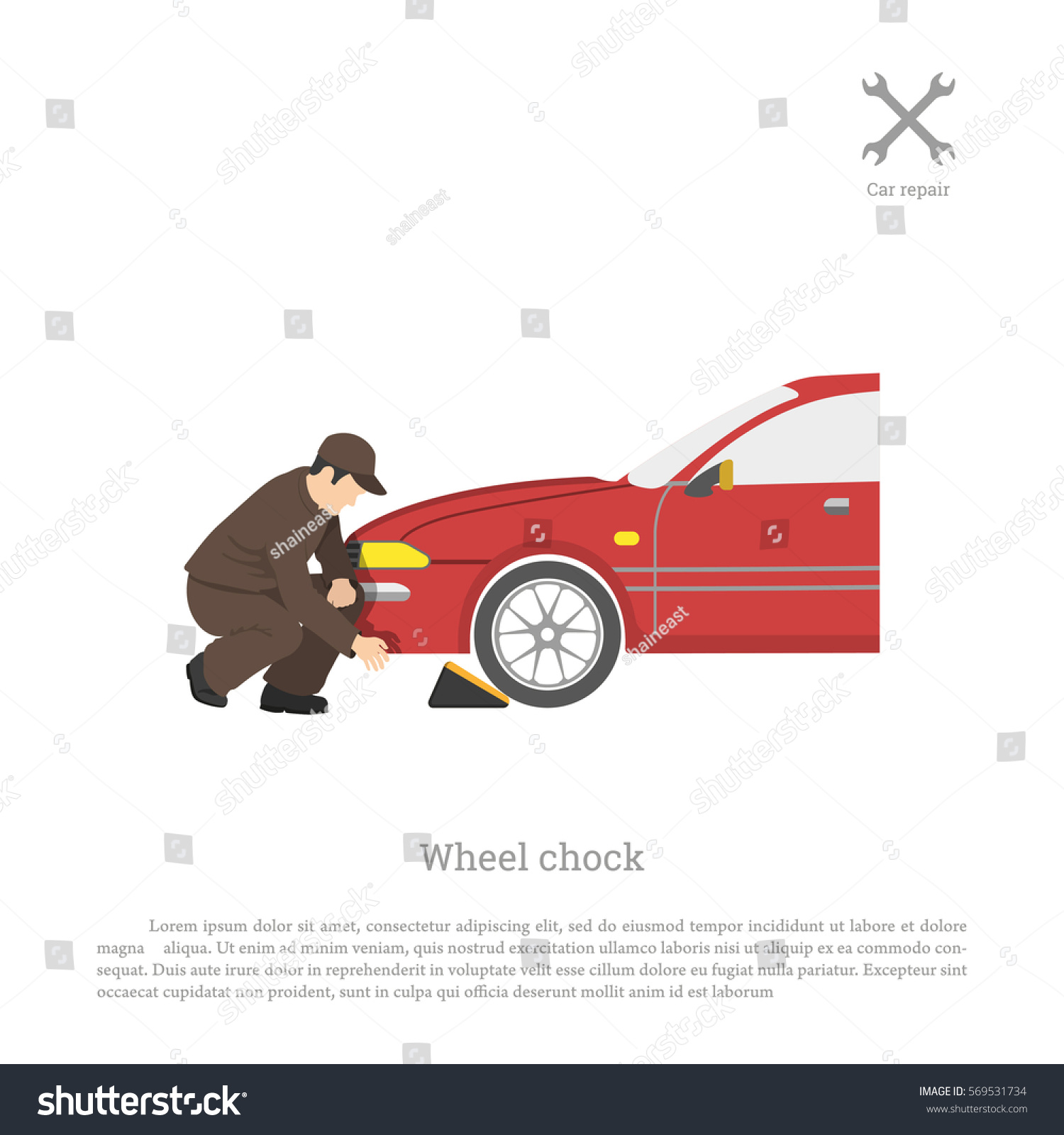 SVG of The mechanic sets chock for wheel. Car repair and maintenance. Vector illustration svg