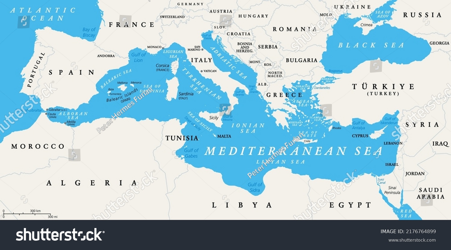 Mediterranean Sea Subdivisions Political Map Straits: vetor stock ...