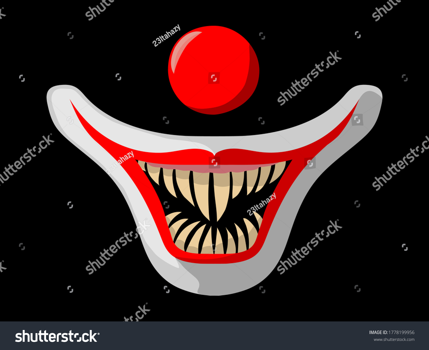 黒い背景にピエロの鼻口 気味の悪い道化役の顔をした漫画の怖い映画ポスター 赤いピエロの鼻と口に牙を持つ ハロウィーンのベクターイラスト のベクター画像素材 ロイヤリティフリー