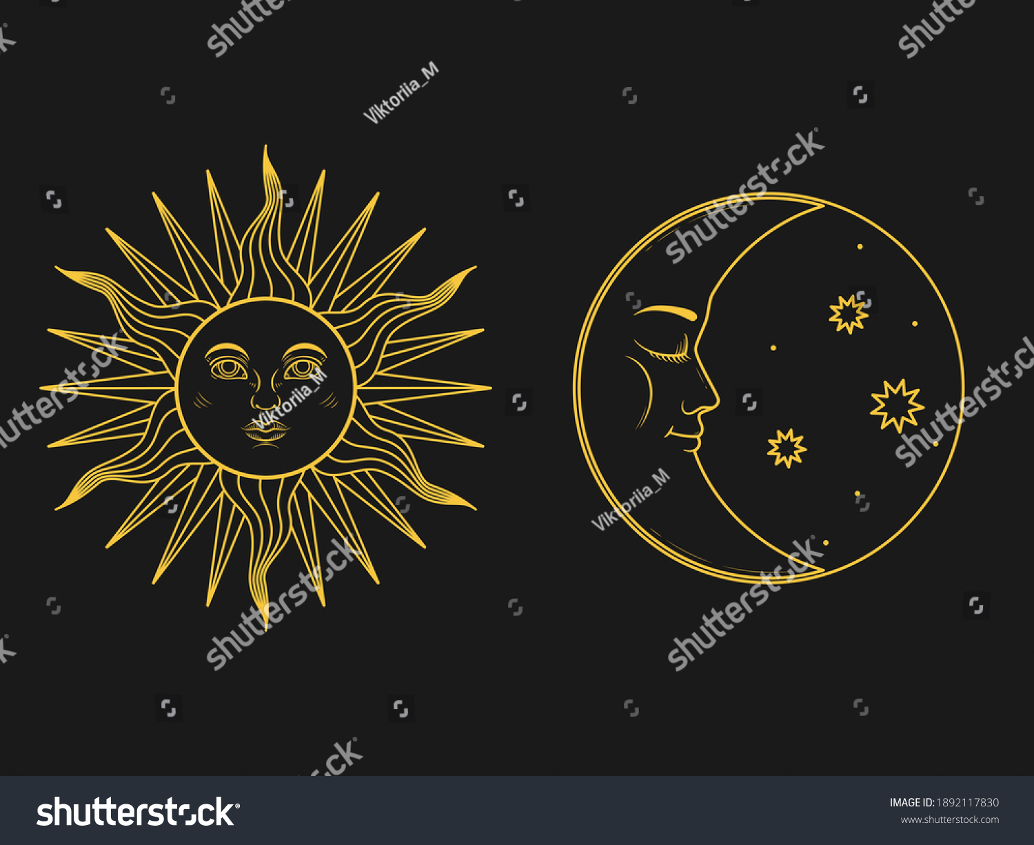 Mystical Symbols Moon Sun Faces Retro Stock Vector (Royalty Free ...