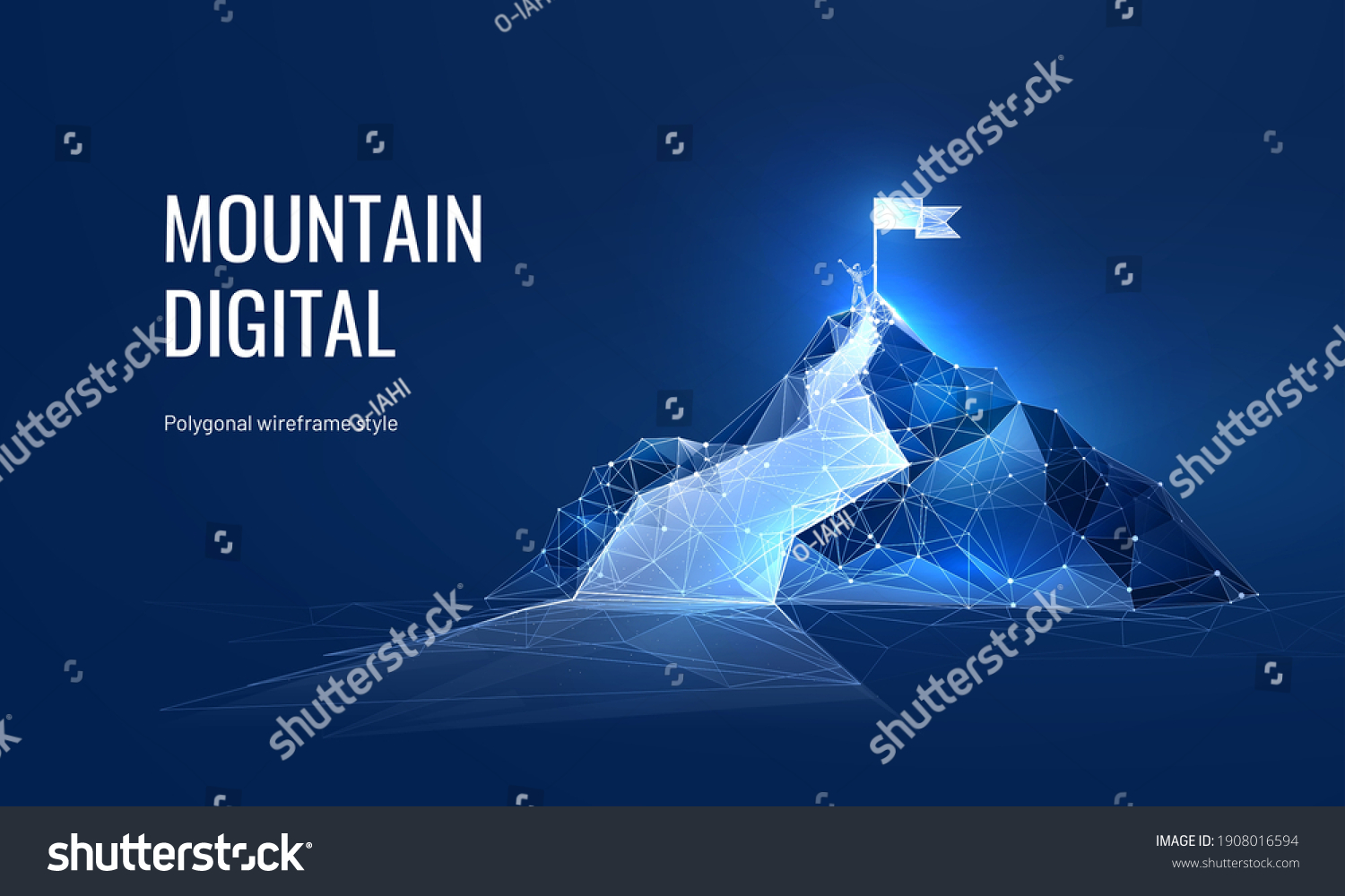 SVG of The path to success in the digital futuristic style. Business goals achievement concept. Vector illustration of a mountain with a flag in a polygonal wireframe style svg