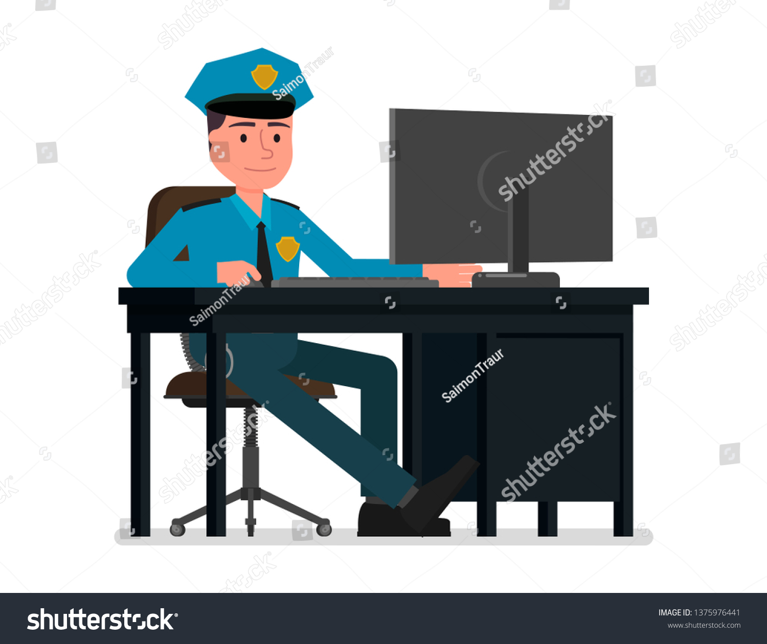 Policeman Works Computer Vector Illustration Flat Stock Vector (Royalty ...