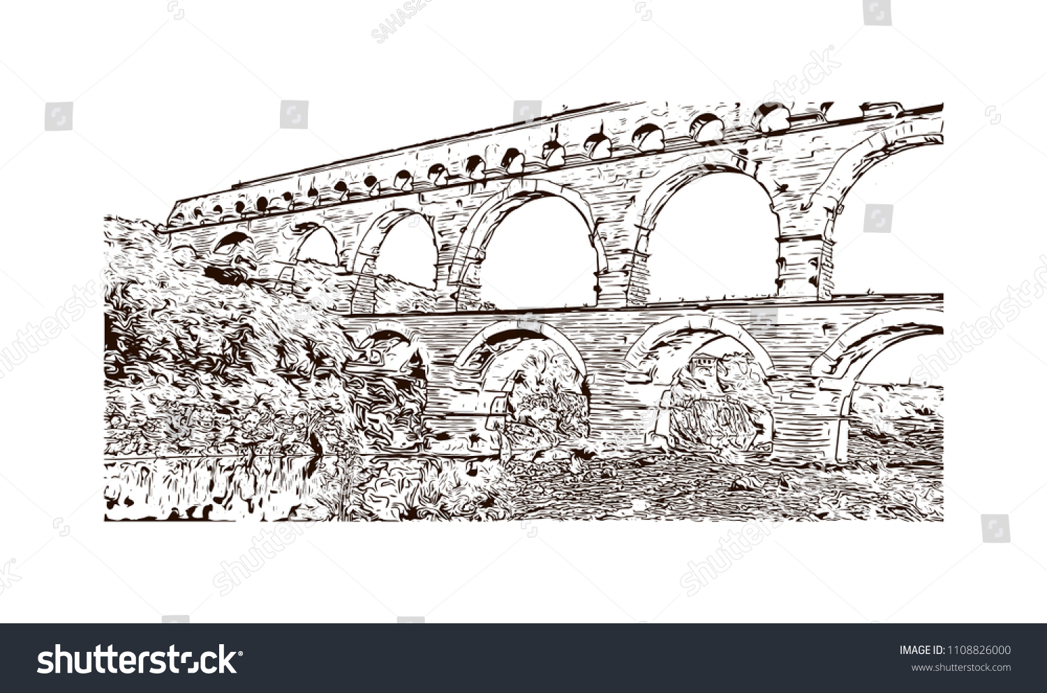 SVG of The Pont du Gard is an ancient Roman aqueduct that crosses the Gardon River near the town of Vers-Pont-du-Gard in southern France. Hand drawn sketch illustration in vector. svg