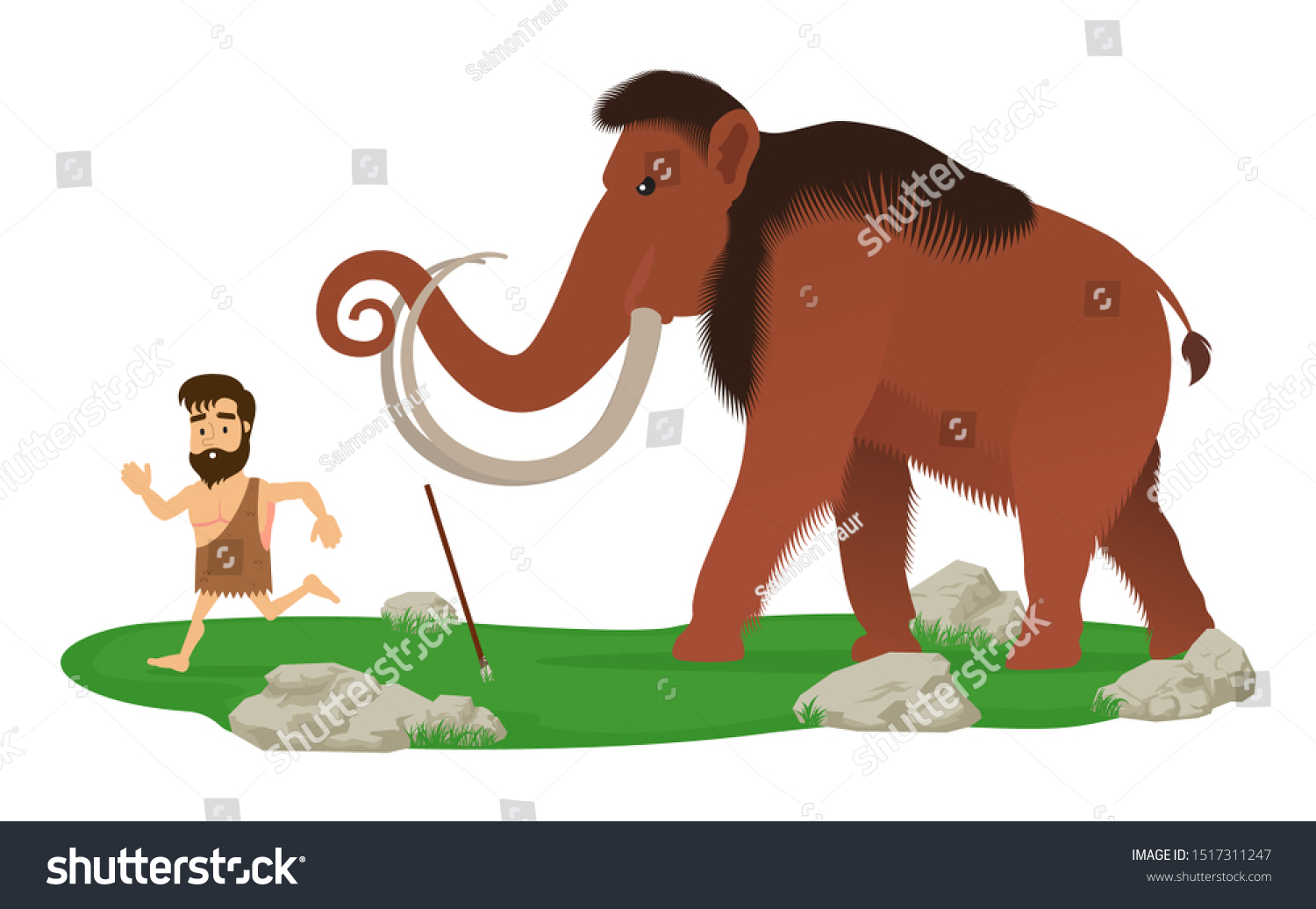 SVG of The prehistoric hunter runs away from the mammoth in a fright. Isolated on a white background. svg