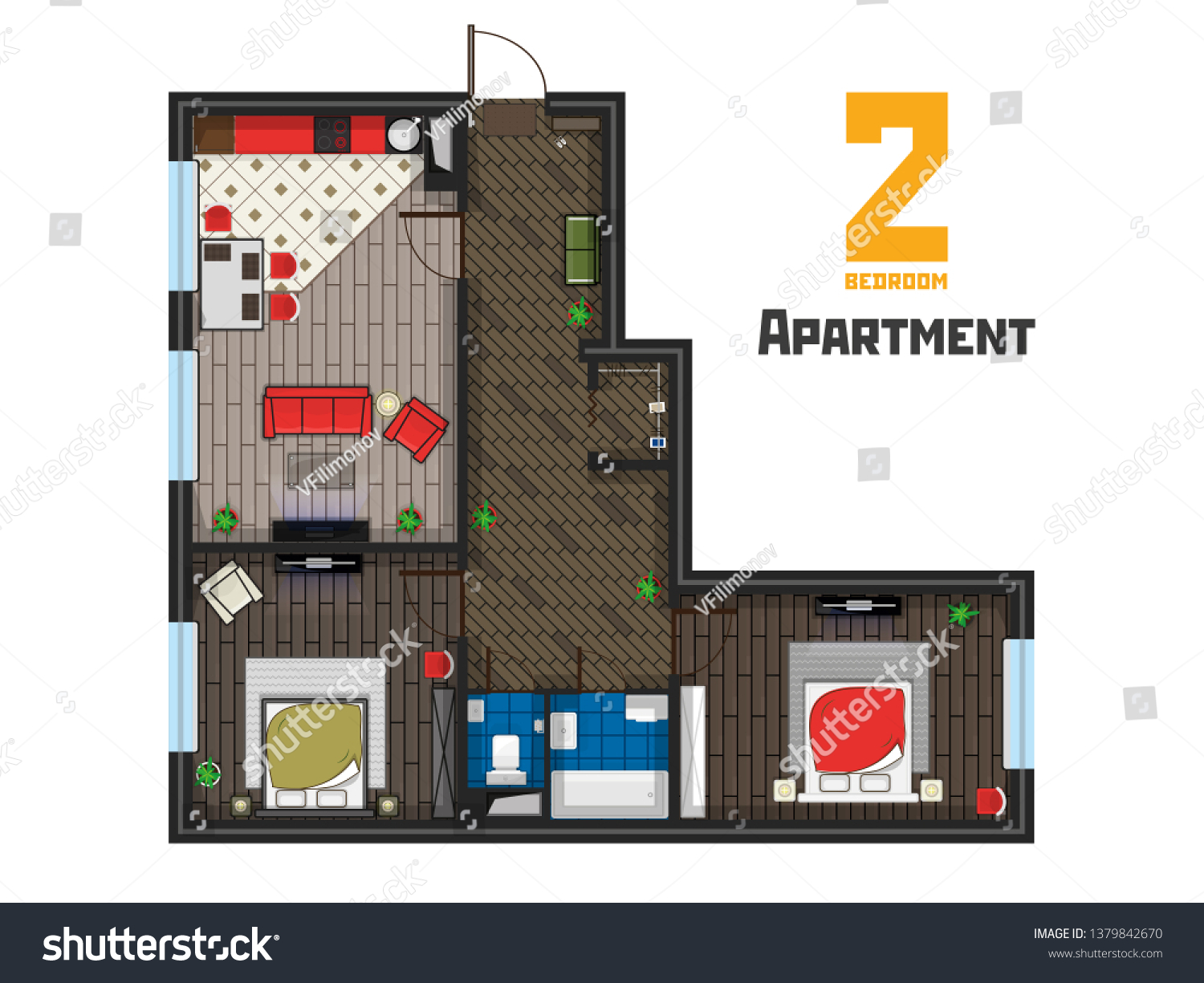 Project Spacious Apartment Two Bedrooms Wardrobe Stock Vector