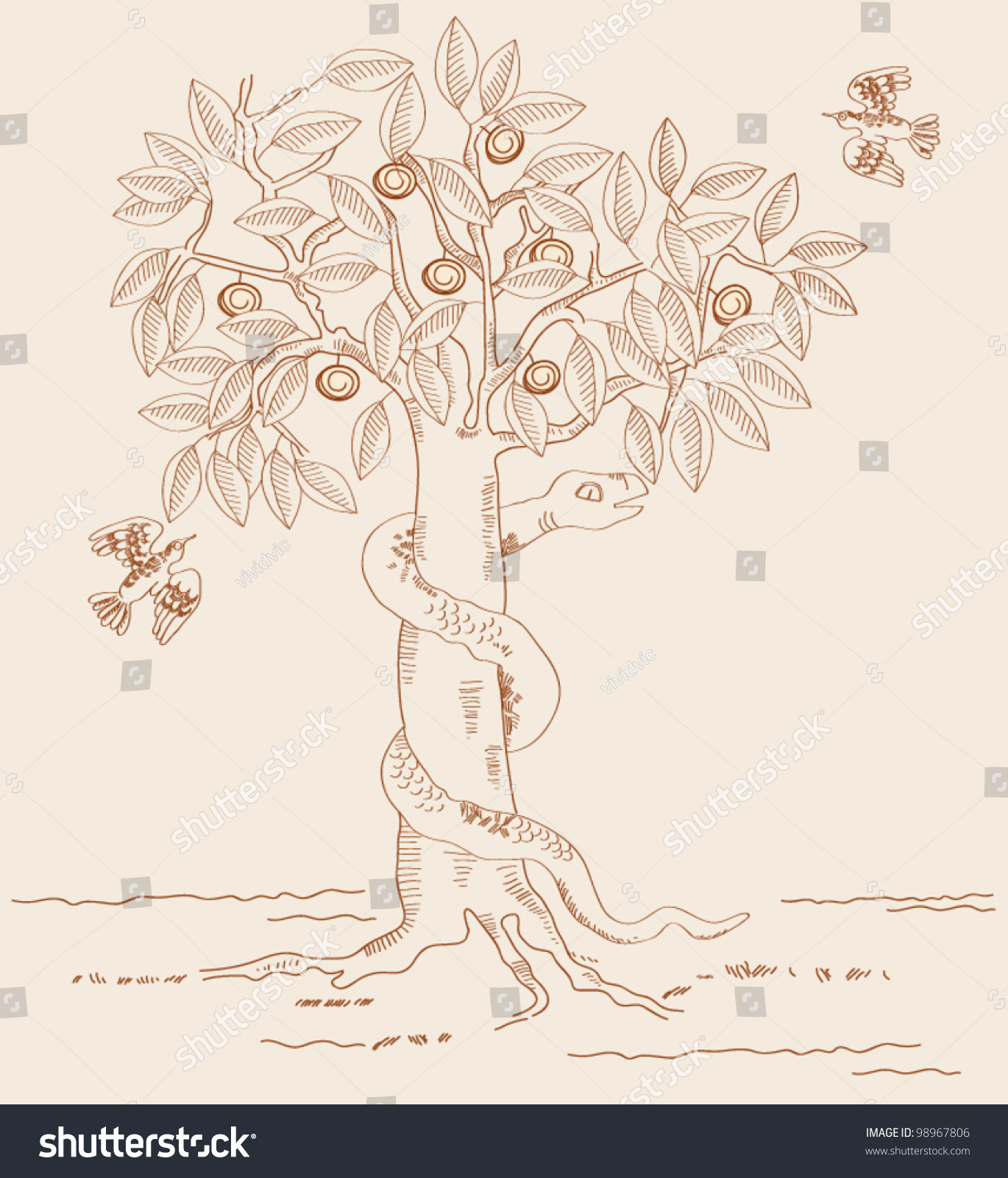 stock vector the serpent in garden of eden the tree of knowledge vector monochrome illustration 98967806