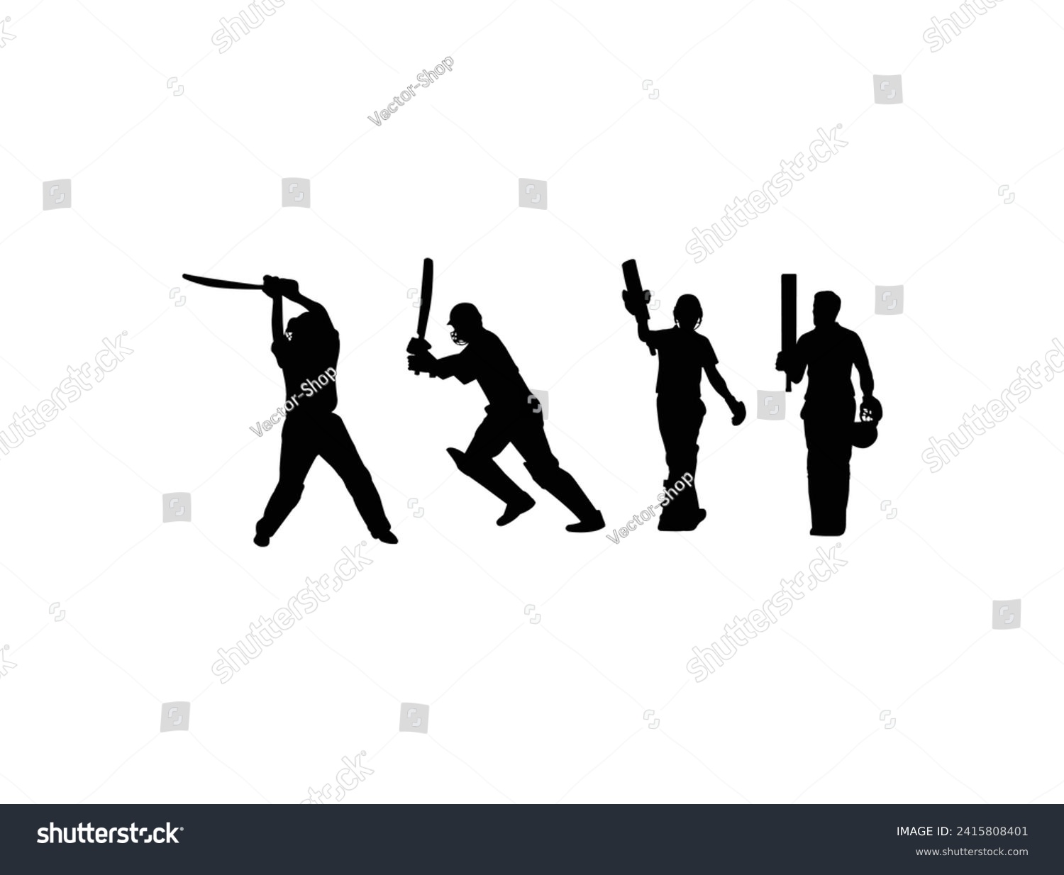 SVG of The set of cricket player silhouette. Large collection of silhouettes of cricket players. Vector set of cricket player silhouettes, Batsmen, Bowlers, and Cricket Elements. svg