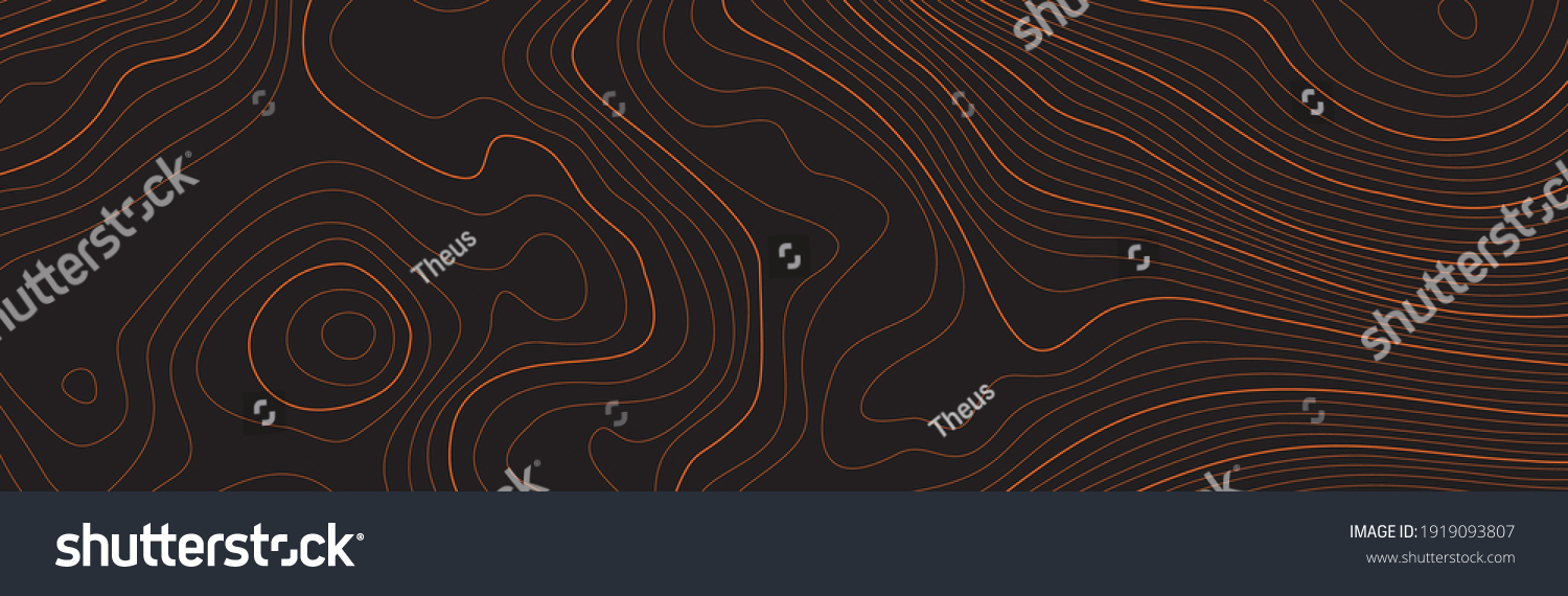SVG of The stylized height of the topographic map contour in lines and contours. The concept of a conditional geography scheme and the terrain path. Orange on black. Ultra wide size. Vector illustration. svg