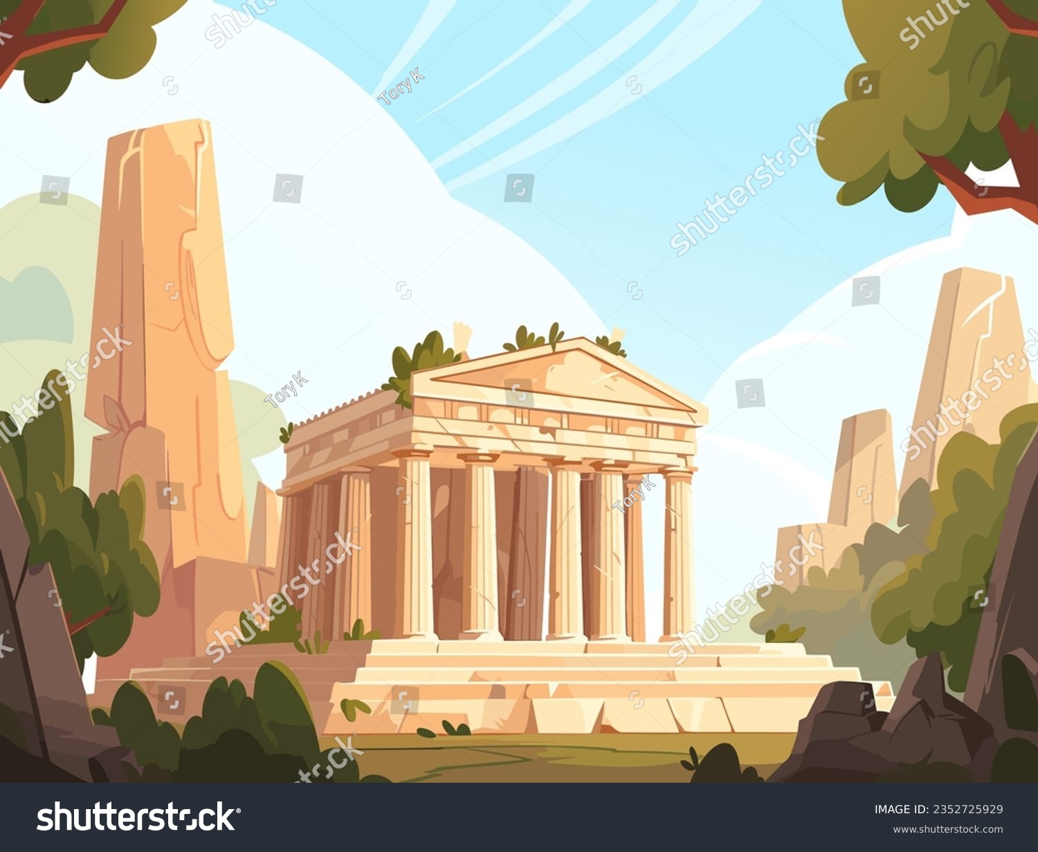 SVG of The temple of ancient greek gods and goddess in the mountains and trees background, in the cartoon style, vector and simple, playful stylized shapes, colorful and bright style for kids, vector art svg