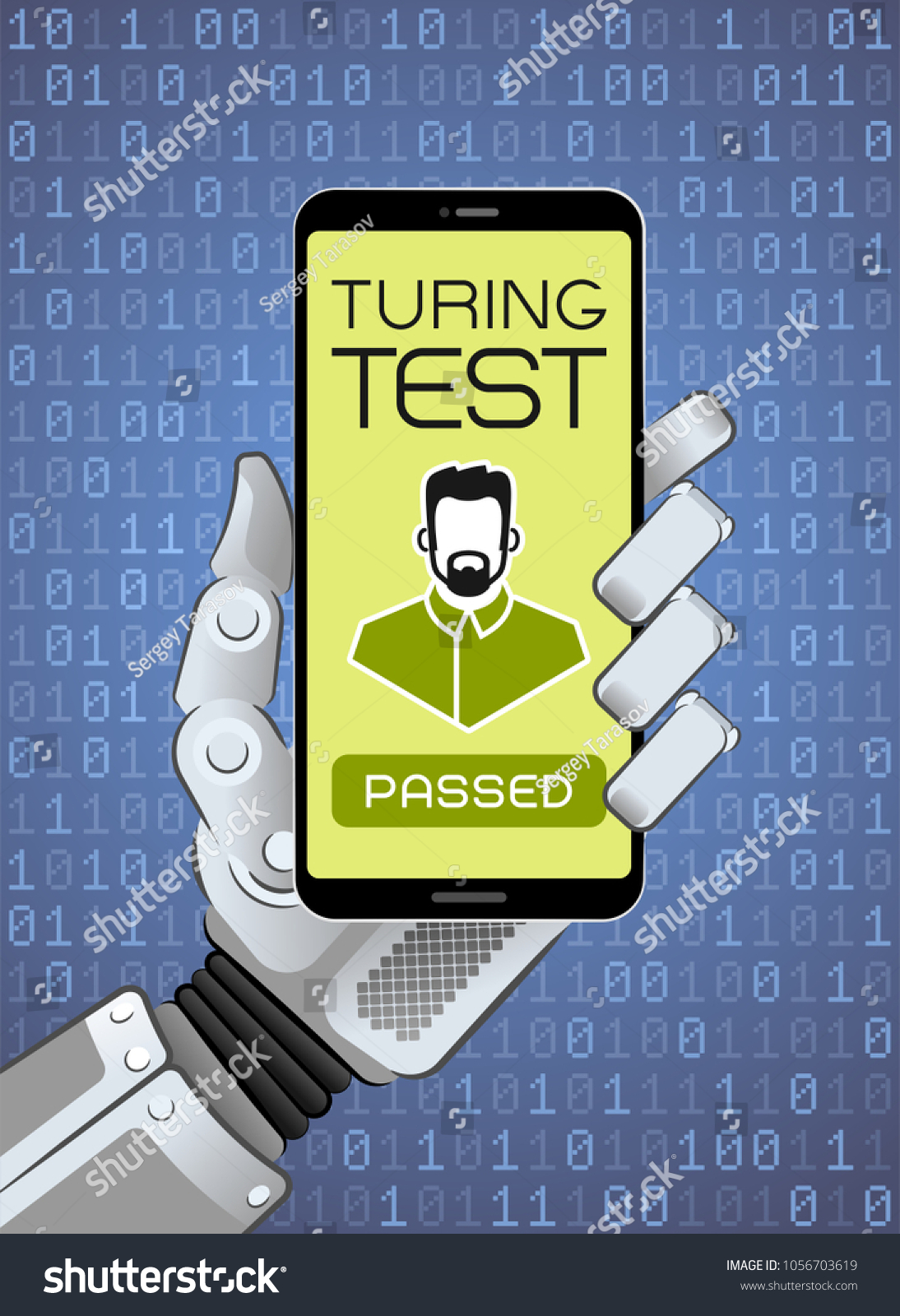 SVG of The Turing Test Has Been Successfully Passed By A Robot. Mechanical hand of a robot holding smartphone showing test result. Vector illustration on the subject of 'Artificial Intelligence'. svg