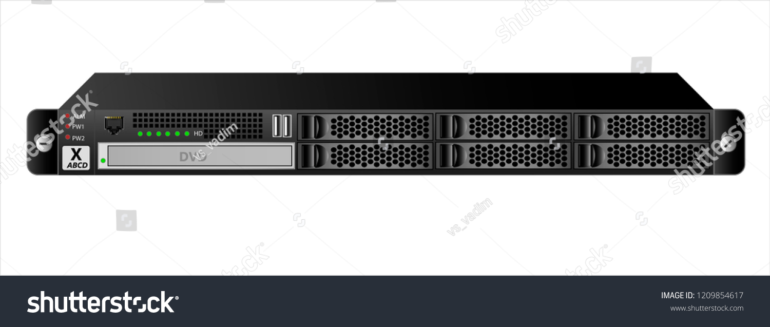 SVG of The 1u server for mounting into a 19 inch rack with six 2.5 inch hard drives and an optical drive. Black on a white background. Vector illustration. svg