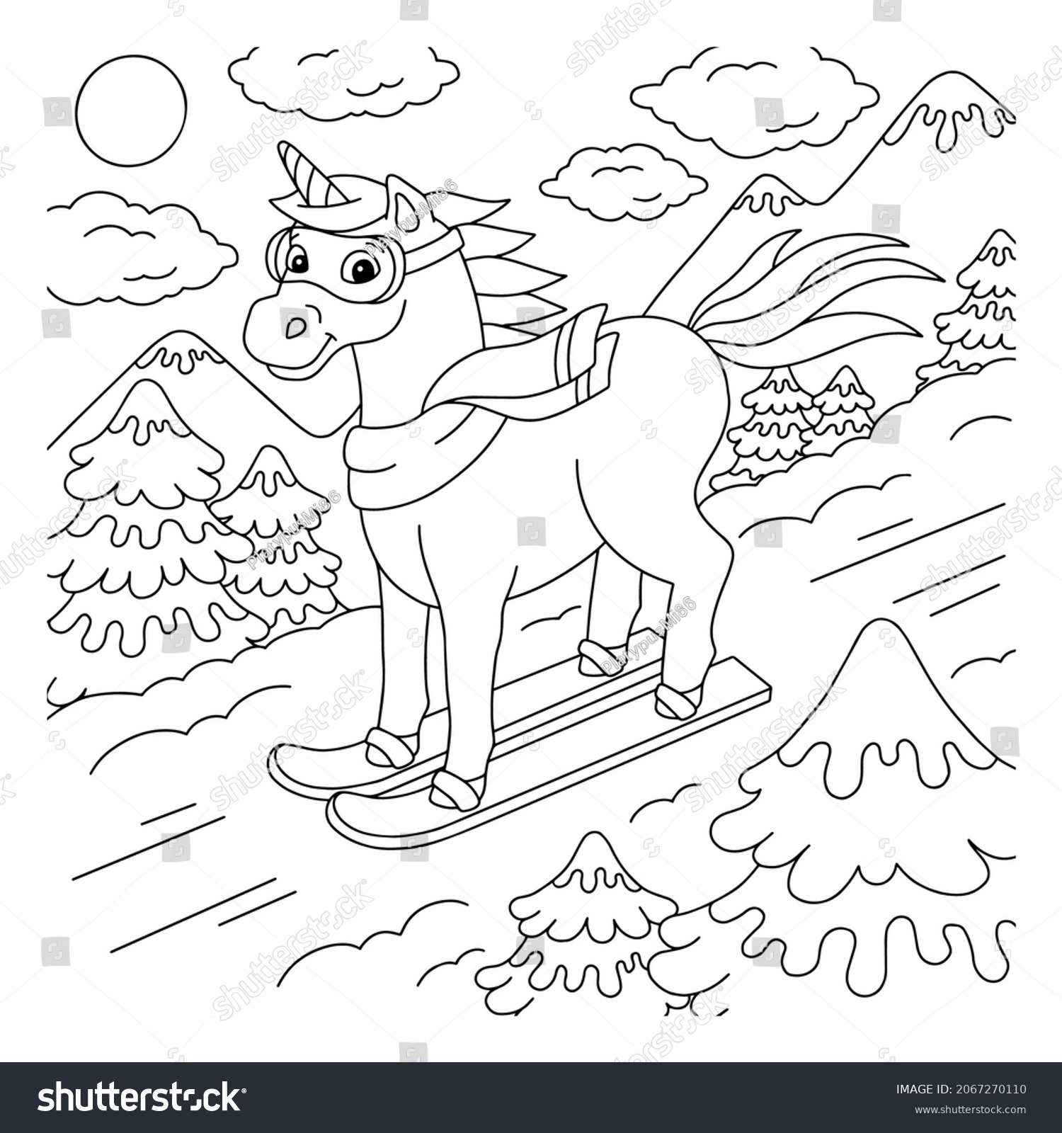 Unicorn Skiing Coloring Book Page Kids Stock Vector (Royalty Free ...