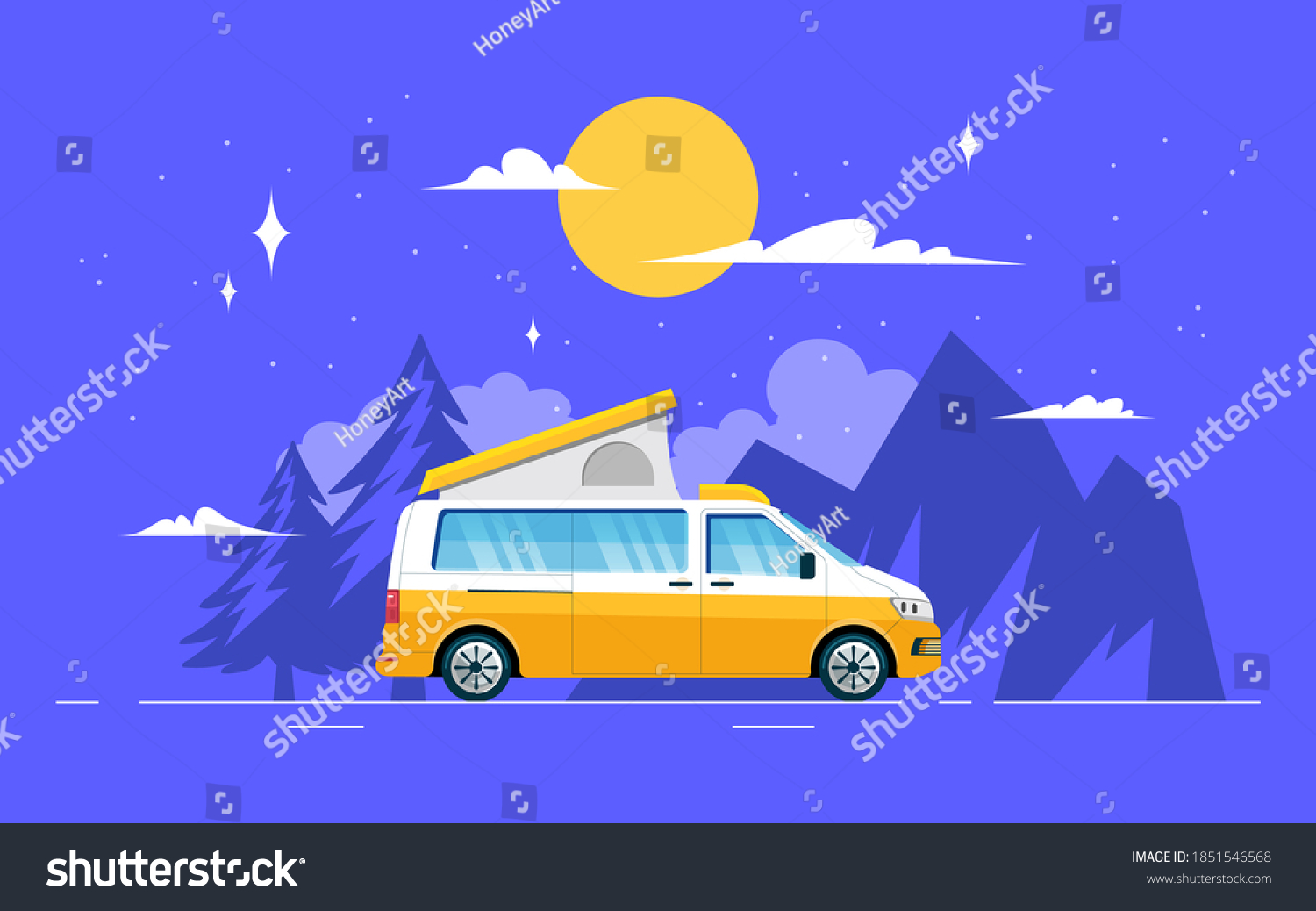 SVG of The van is parked in a beautiful location under the moon and stars for the night. Camper van travel concept, for young and independent people who enjoy outdoor activities and have a passion for travel svg