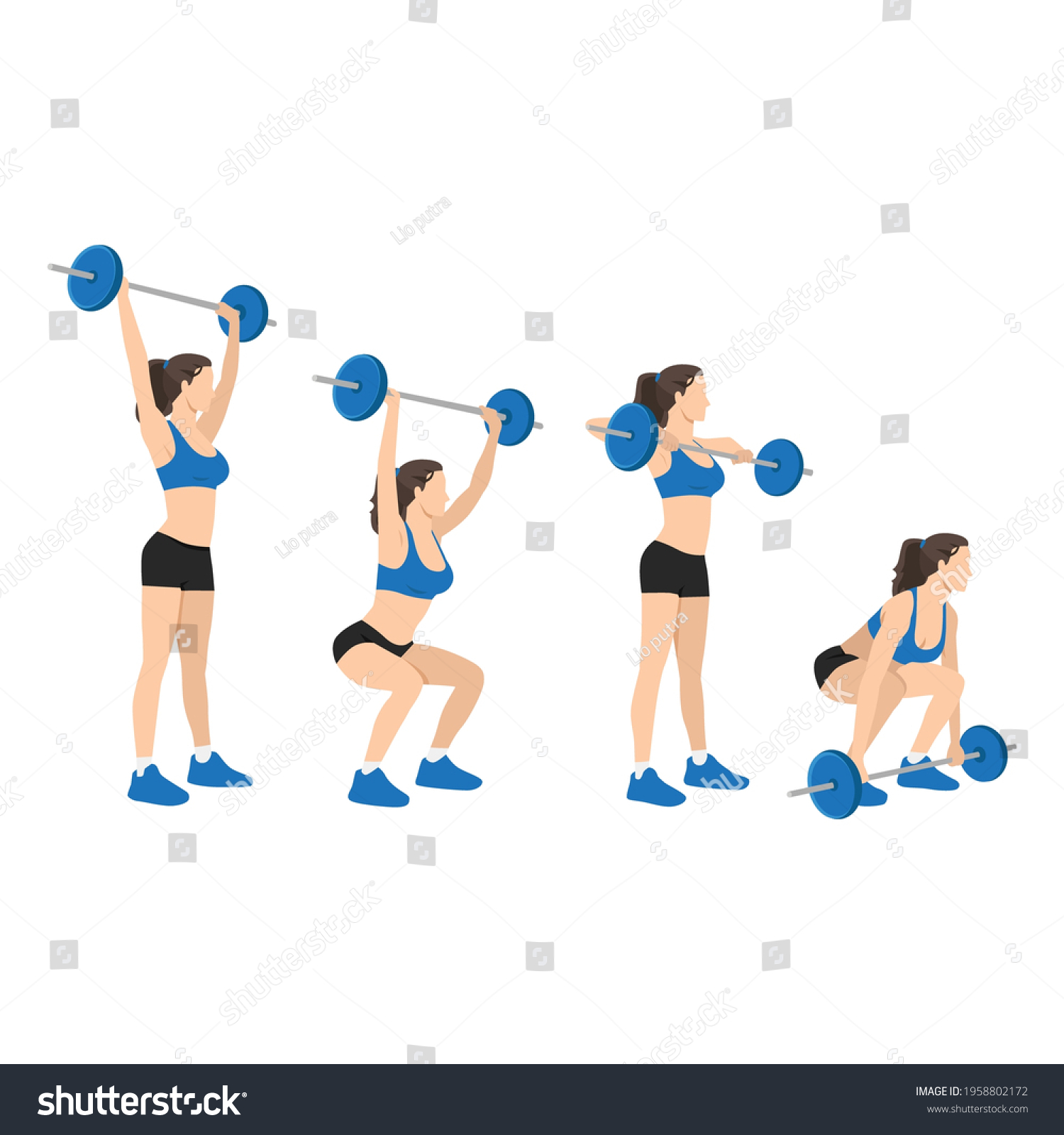 SVG of the vector illustration of the woman weightlifter with snatching barbell. Step by step flat vector illustration. Barbell power snatch svg