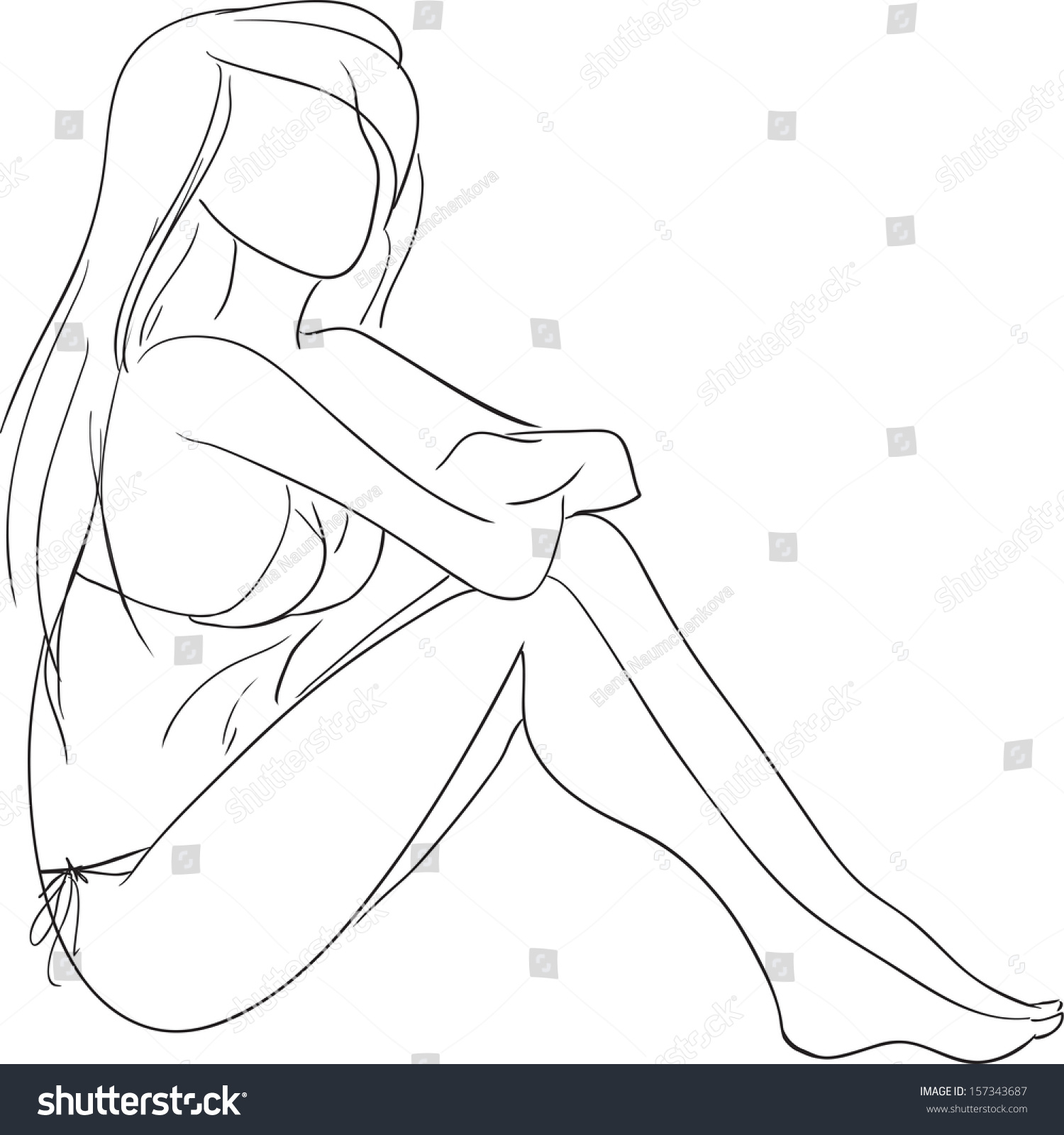 The Vector Sketch With The Young Graceful Girl Sitting On A Beach ...