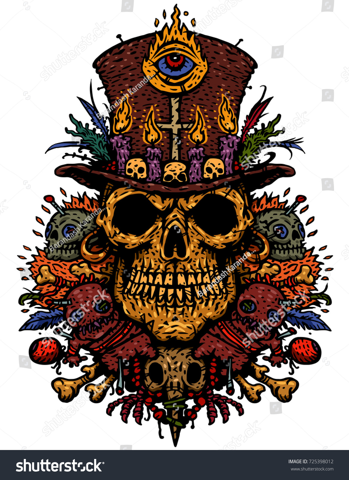 ブードゥー教のキャラクターは 呪術品 ブードゥー教の人形 羽 針 鳥の頭蓋を持つ司祭の頭蓋骨です Tシャツのベクターイラスト のベクター画像素材 ロイヤリティフリー