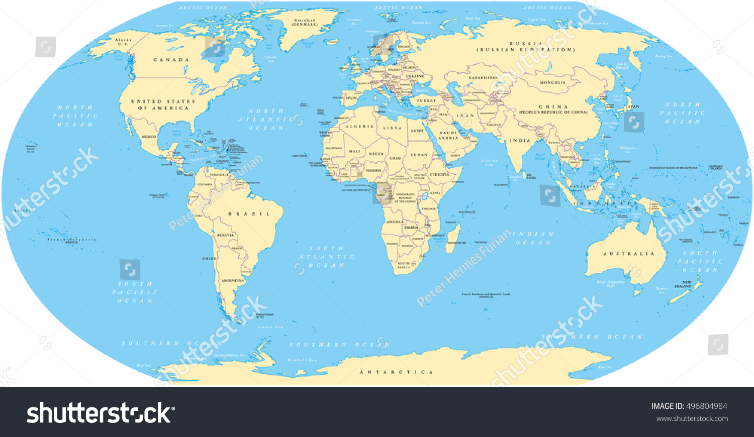 World Map National Borders Oceans Seas Stock Vector Royalty Free