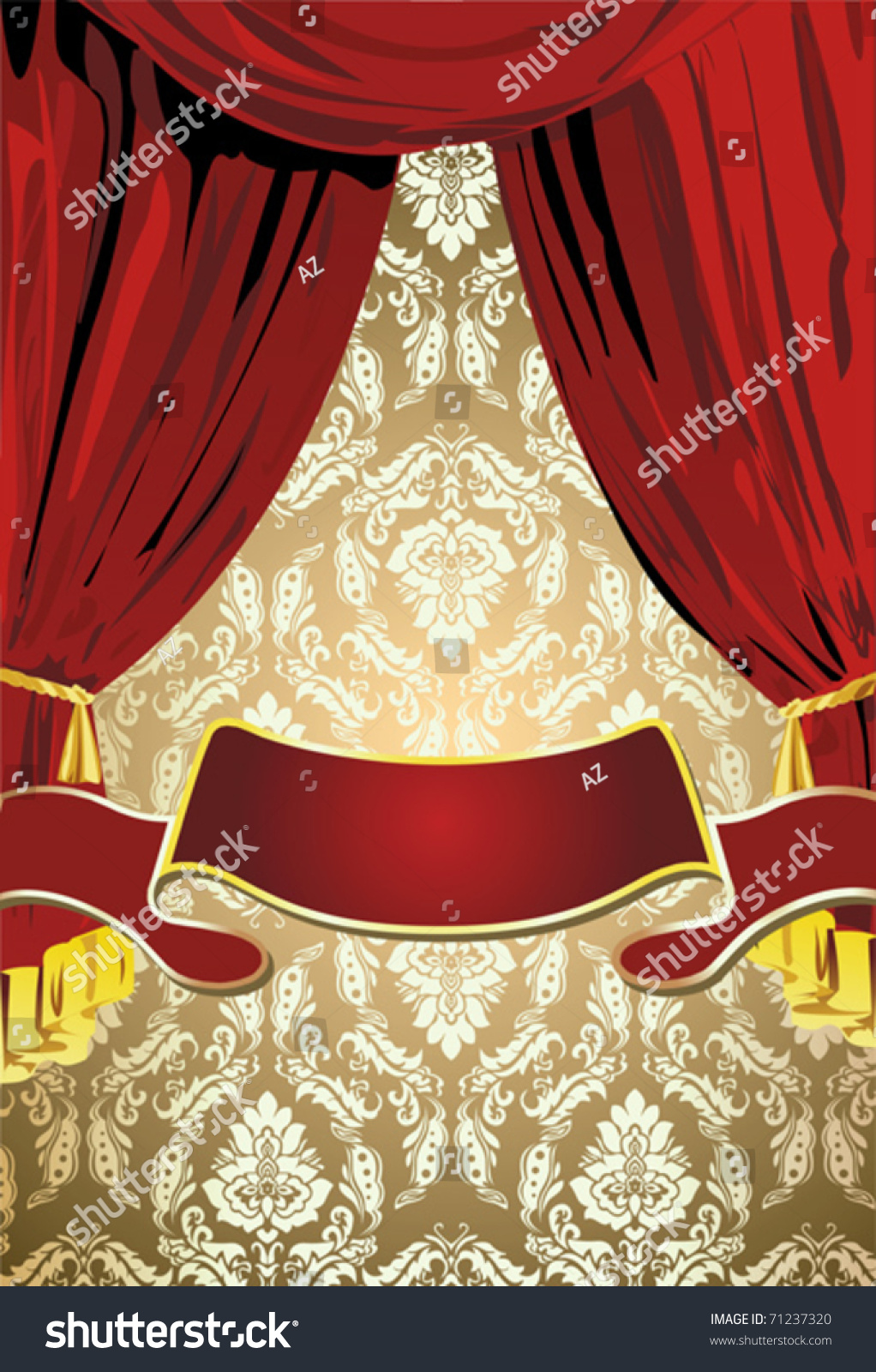 Theatrical Red Curtains, Gold Background And Scroll Banner Stock Vector ...