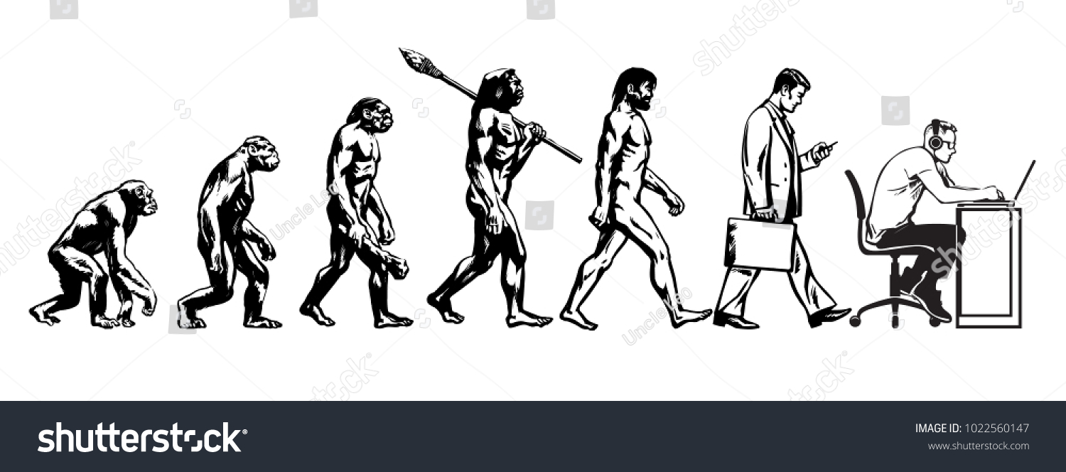 SVG of Theory of evolution of man. Human development. From monkey to caveman and modern businessmen talking on mobile phone and programmer sitting at computer. Hand drawn sketch vector illustration isolated. svg
