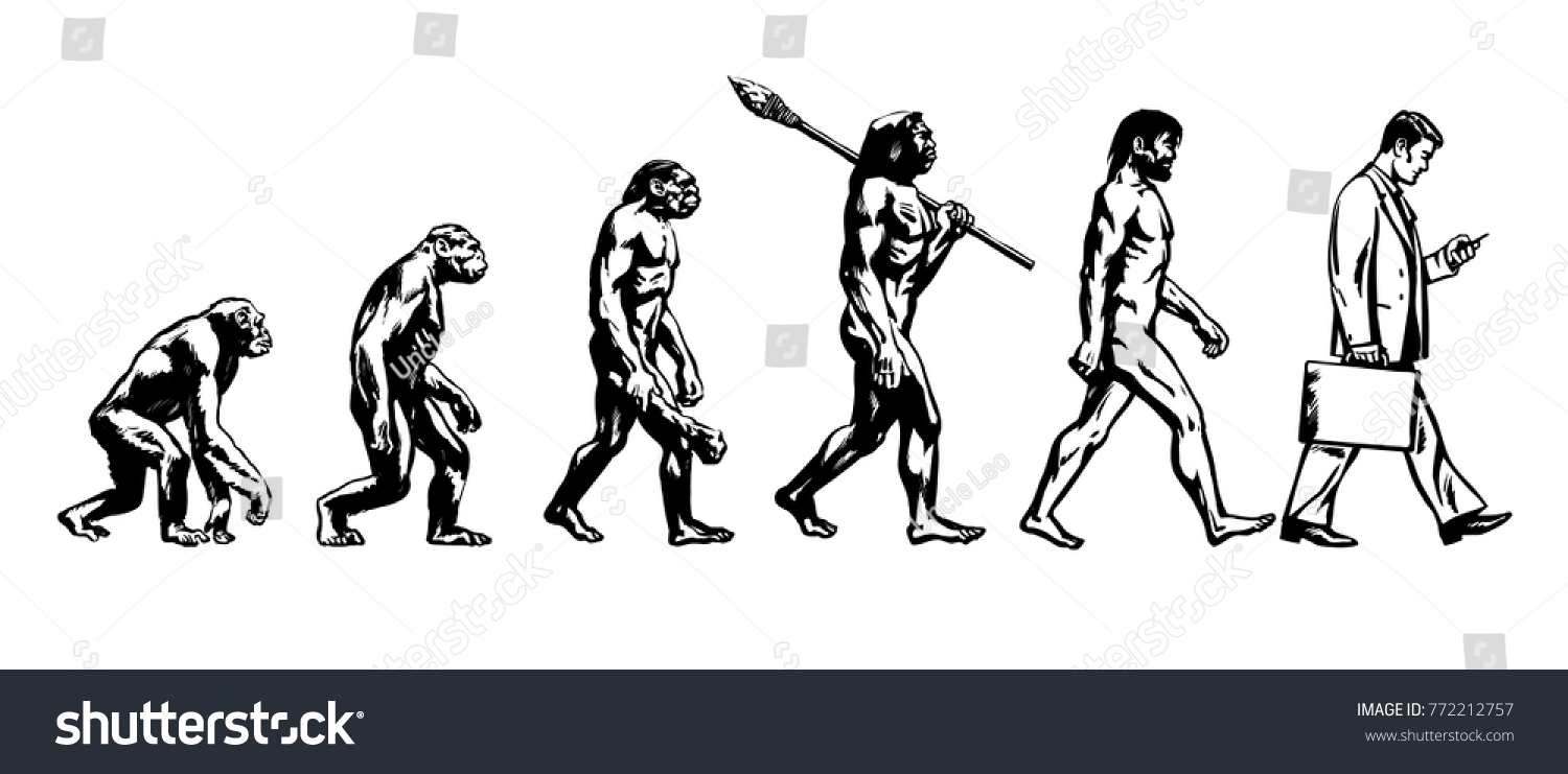 SVG of Theory of evolution of man. Human development. From monkey to modern businessmen 
 with  briefcase talking on mobile phone. Hand drawn sketch vector illustration isolated on white svg