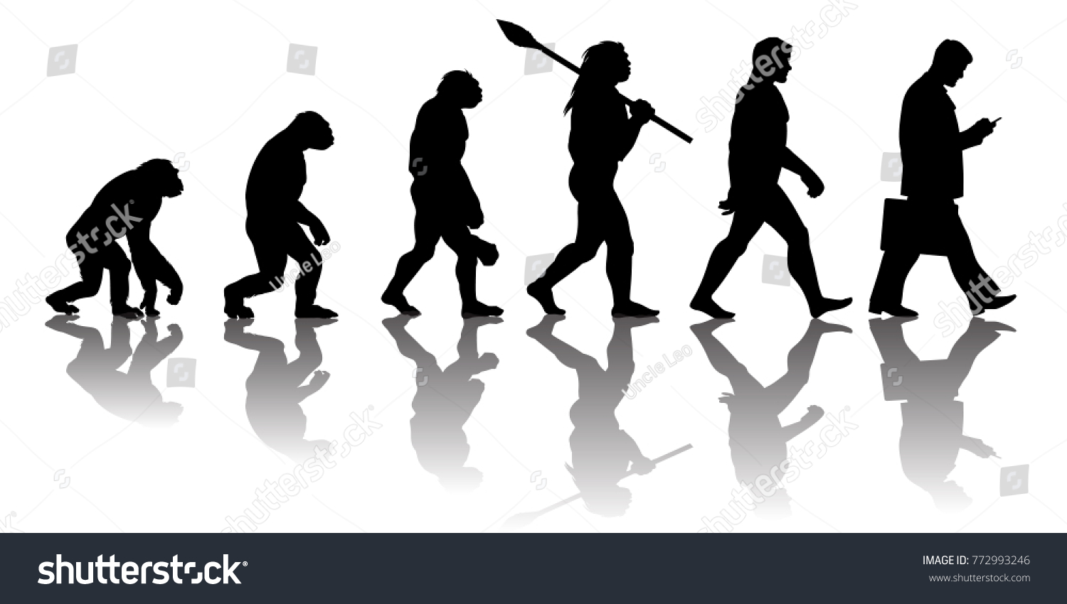 SVG of Theory of evolution of man. Silhouette with transparent reflection. Human development from monkey to modern businessmen with  briefcase talking on mobile phone. Vector illustration isolated on white. svg