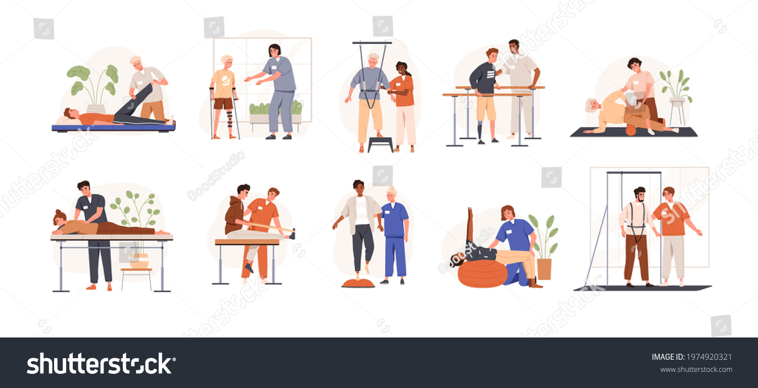 SVG of Therapists helping patients during physio therapy and rehabilitation set. Physiotherapy treatment for people with physical disabilities. Flat graphic vector illustration isolated on white background svg