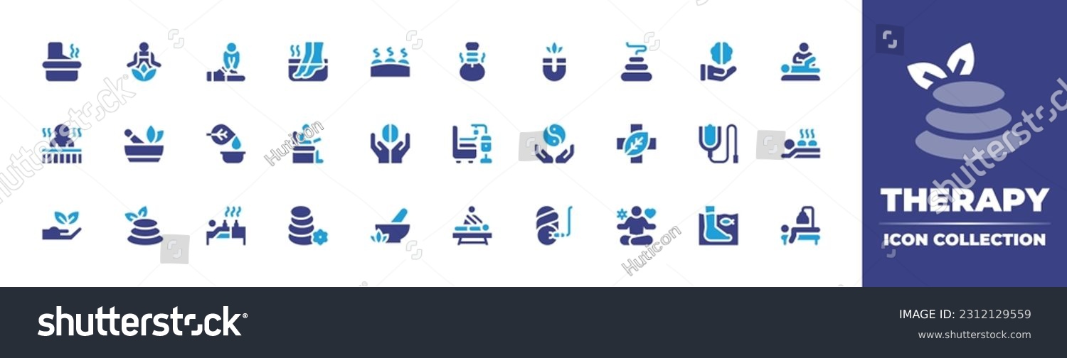 SVG of Therapy icon collection. Duotone color. Vector illustration. Containing therapy, healing, physical therapy, foot, lithotherapie, herbal massage, magnet, hot stones, brain, physiotherapy, ayurveda. svg