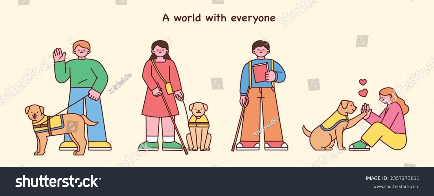 SVG of There are visually impaired characters and guide dogs for the blind. Cute style illustration with outlines. svg