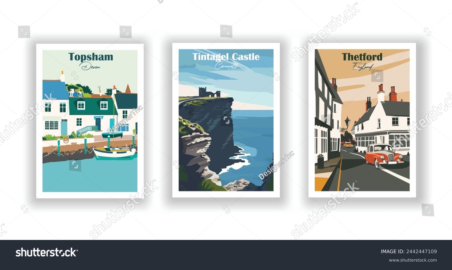SVG of Thetford, England. Tintagel Castle, Cornwall. Topsham, Devon - Set of 3 Vintage Travel Posters. Vector illustration. High Quality Prints svg