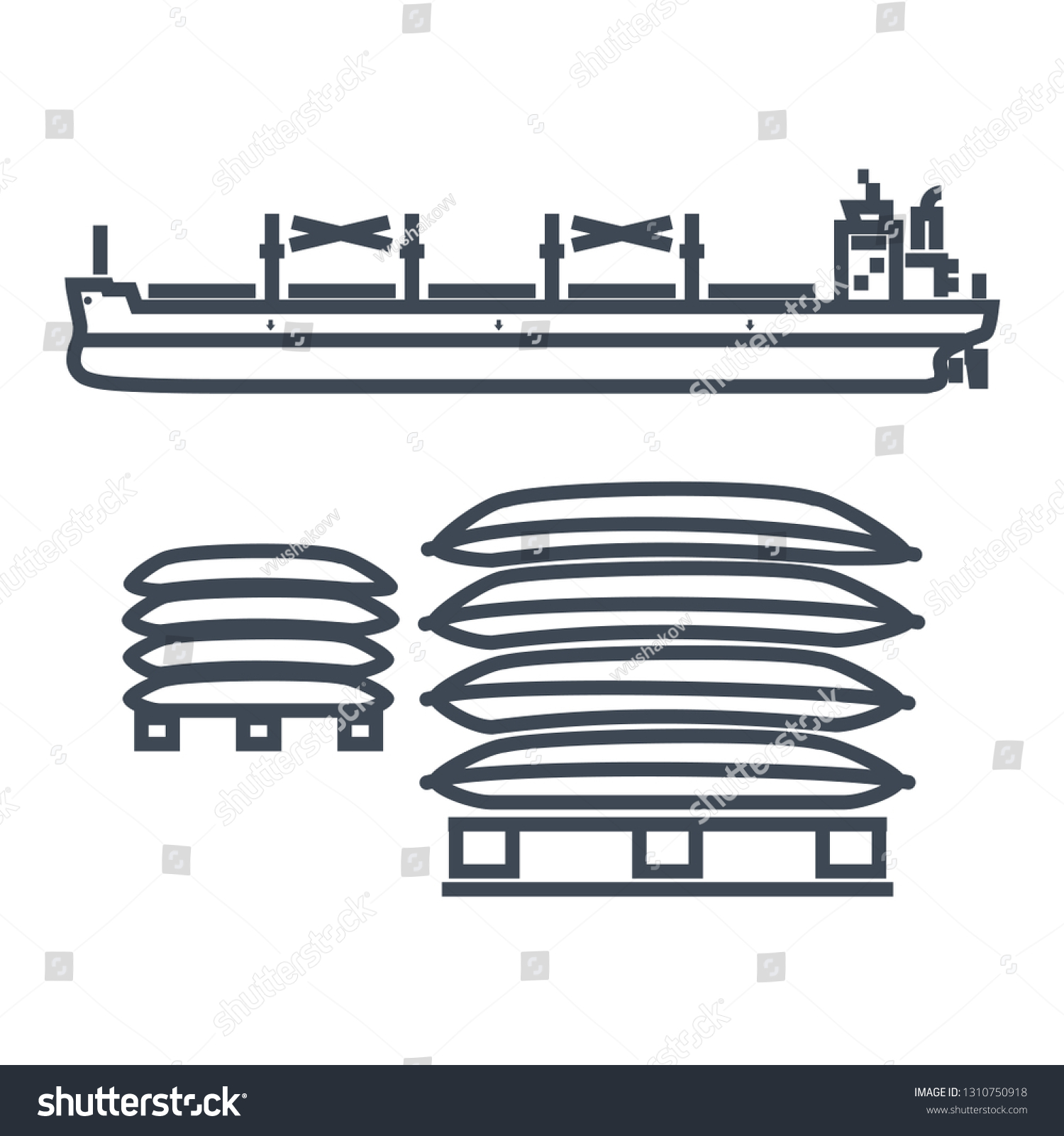 SVG of thin line icon dry cargo ship, bulk carrier, pallet, bags svg