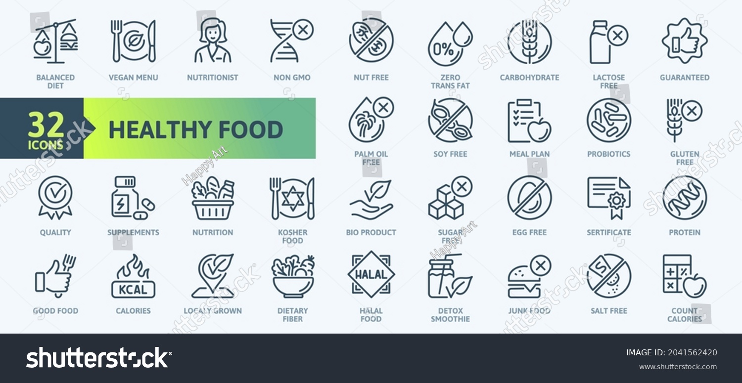 SVG of Thin Line Icon Set of Healthy Food, Halal, Kosher, Vegan food. Contains such Icons as Lactose, Gluten and  Sugar Free, non GMO, Palm oil and more. Outline icons collection.  svg