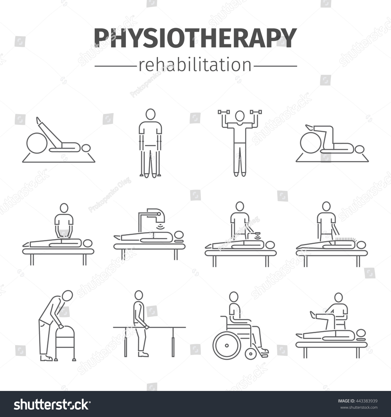 SVG of Thin line icons for physiotherapy, rehabilitation center. Physical exercise, gymnastics, massage, laser therapy, acupuncture. Design of web graphics. svg