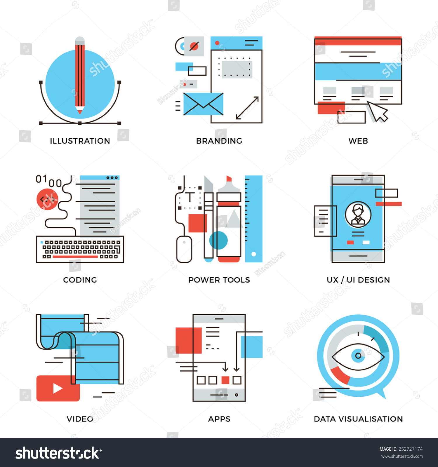 SVG of Thin line icons of creative graphic design, branding identity, mobile apps develop, UI UX user interface, website coding. Modern flat line design element vector collection logo illustration concept. svg