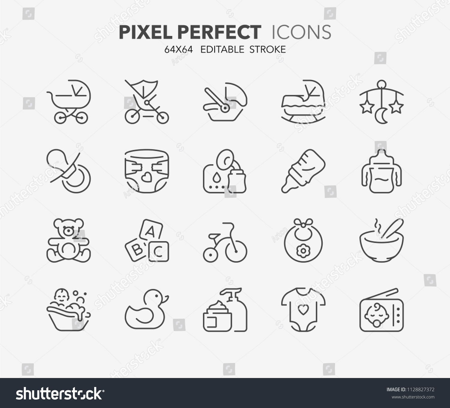 SVG of Thin line icons set of babies accessories and lactation. Outline symbol collection. Editable vector stroke. 64x64 Pixel Perfect. svg