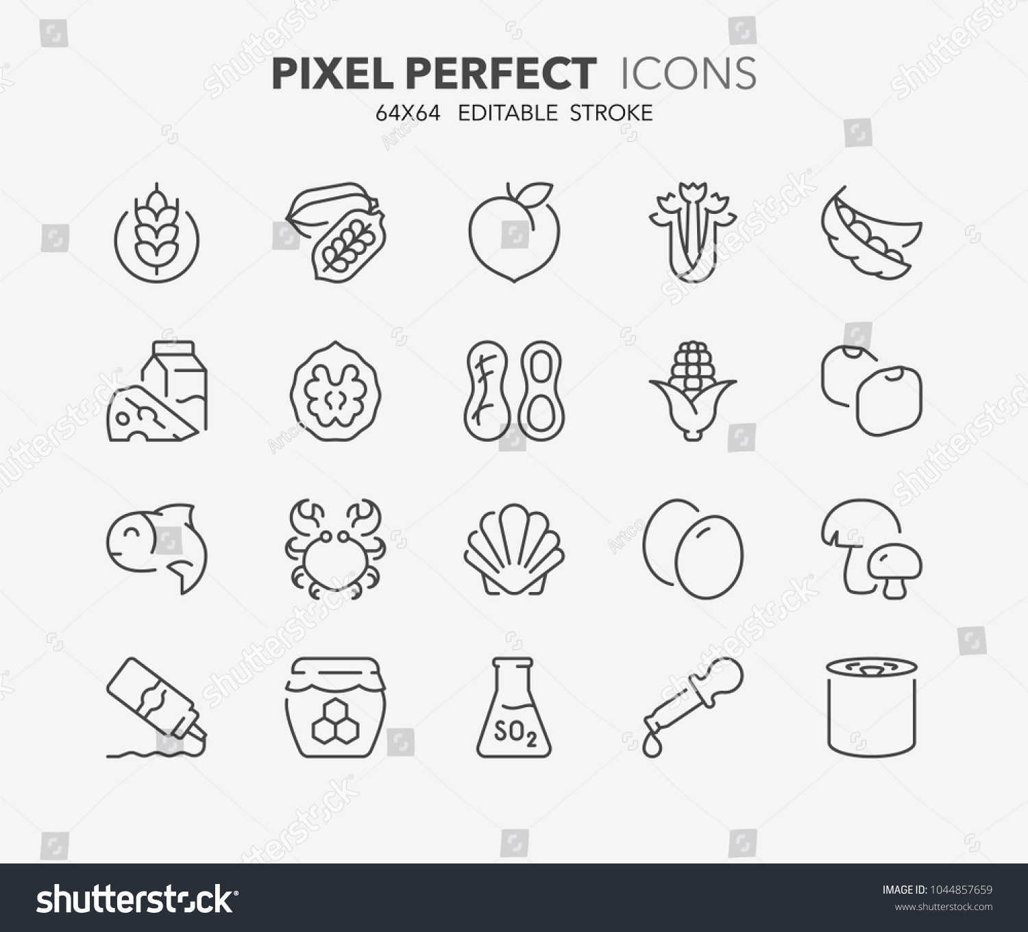 SVG of Thin line icons set of food allergens. 14 allergies outlined by the EU European Food Safety Authority which encompass the big 8 FDA Major Allergens. Outline symbol collection. Editable vector stroke svg