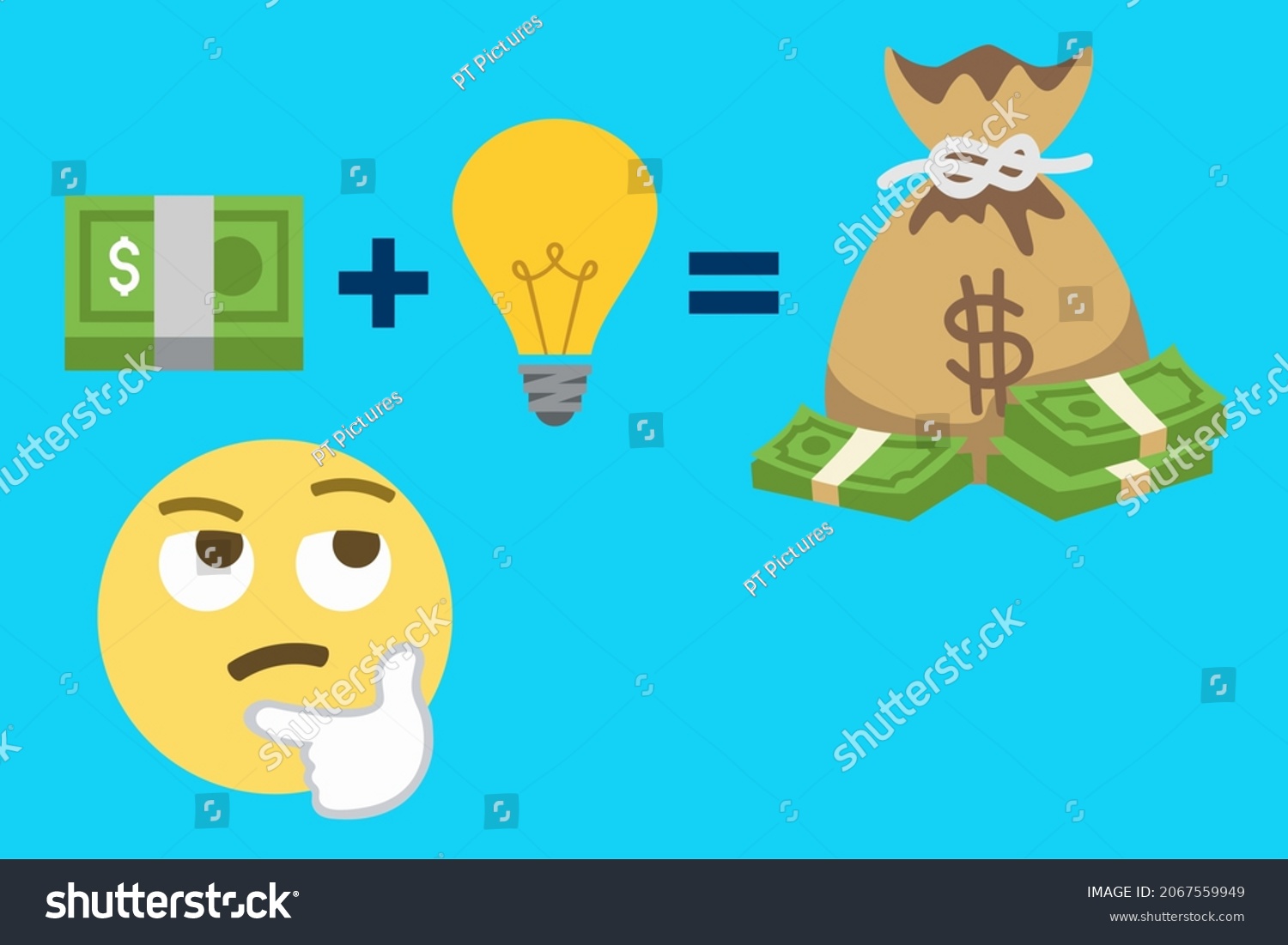 SVG of thinking face,dollar banknotes,light bulb,money bag,plus and equal sign on blue background,money and idea emoji concept,vector illustration svg