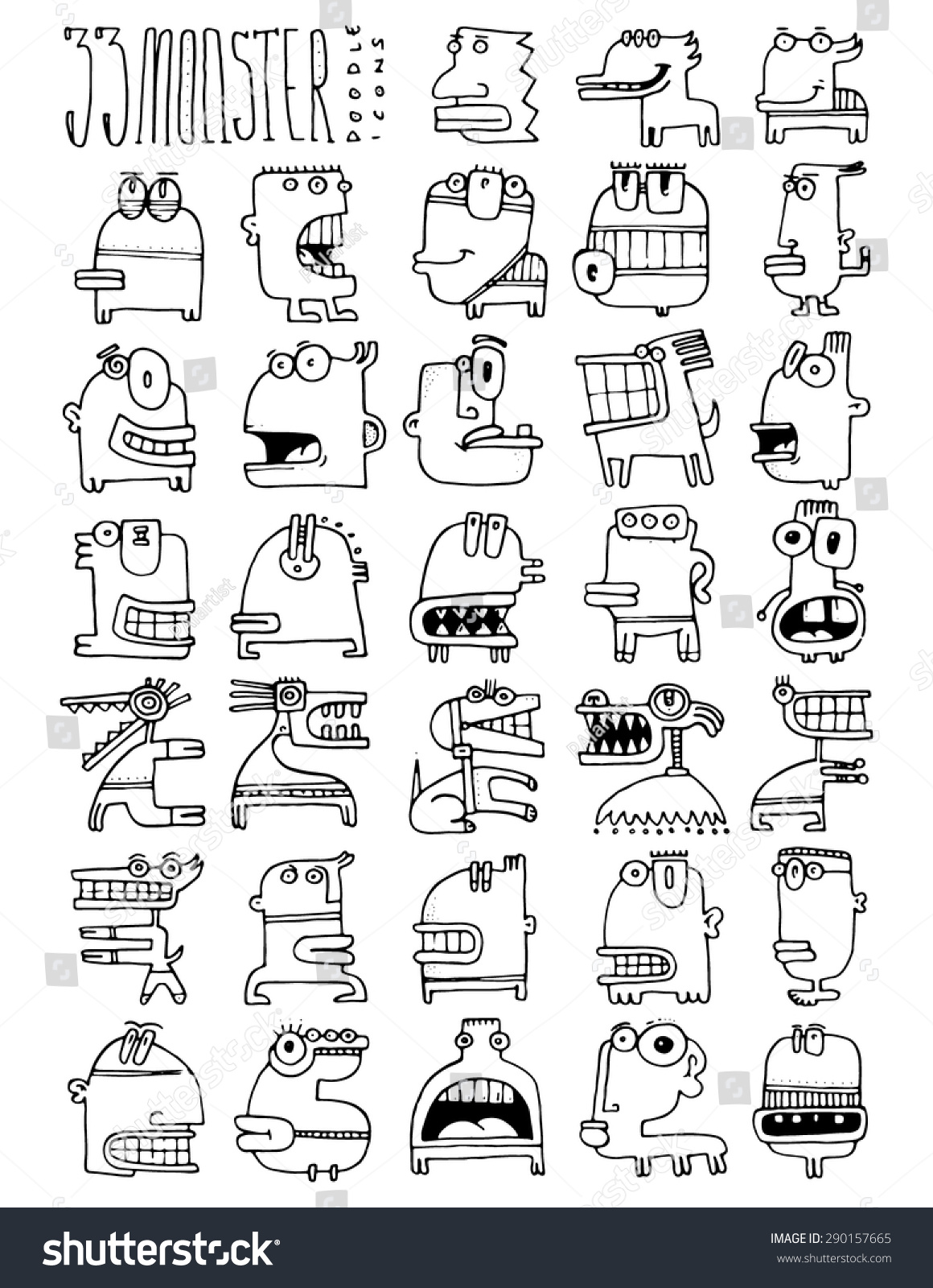 Thirty Three Doodle Icons MONSTER Simple Stock Vector Royalty Free