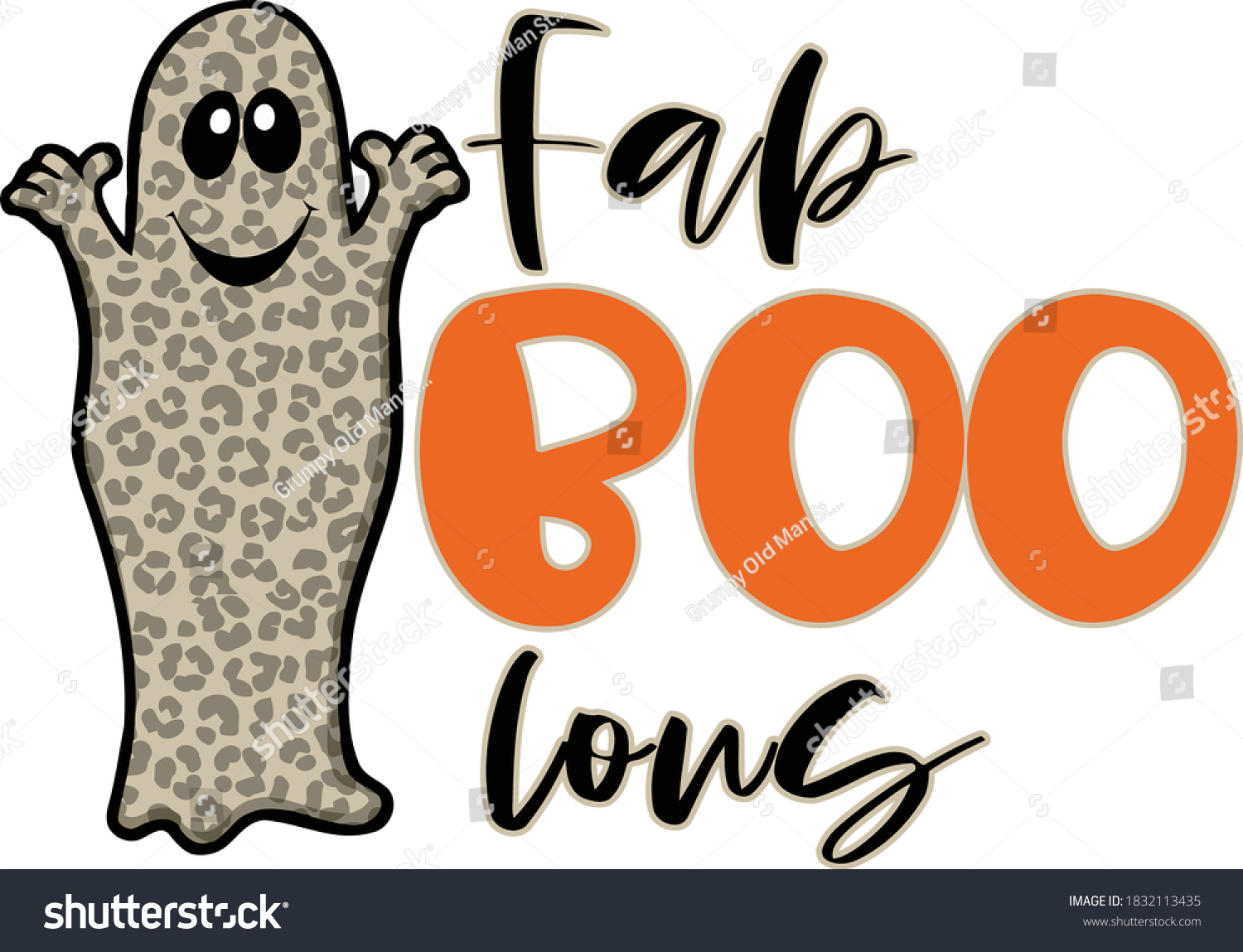 SVG of This ghost is looking fantastic in their leopard print sheet.  This cut file features a ghost in a leopard pattern with the words fa-boo-lous. svg
