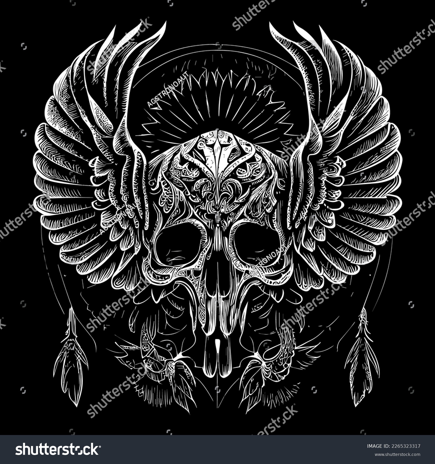 SVG of This illustration depicts a skull head with intricately detailed feathers extending into wings. The juxtaposition of death and life creates a hauntingly beautiful image svg