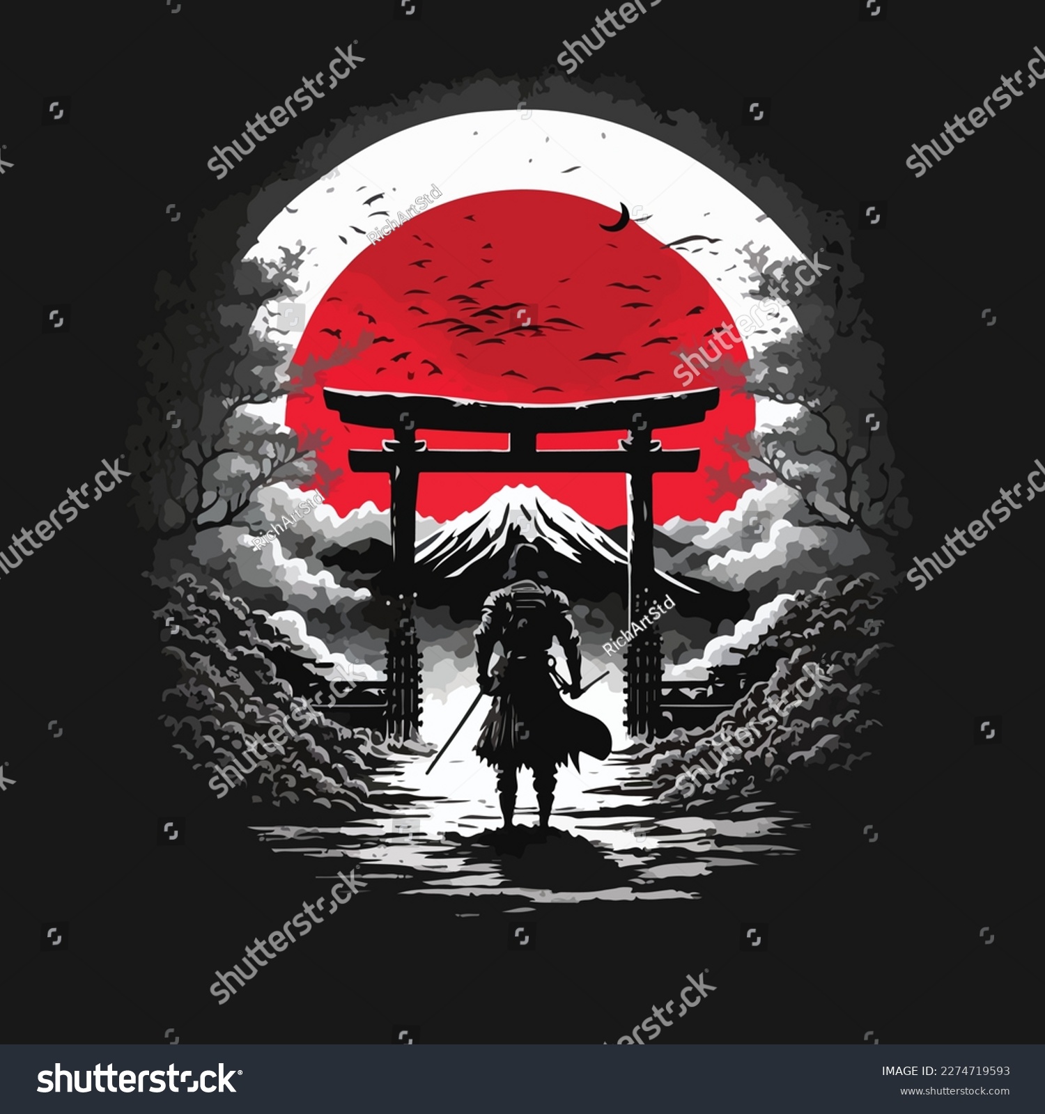 SVG of This is an illustration of a samurai on a meadow under the moonlight. This vector can be used to design backgrounds for shirts, posters, brochures, bags and mugs svg