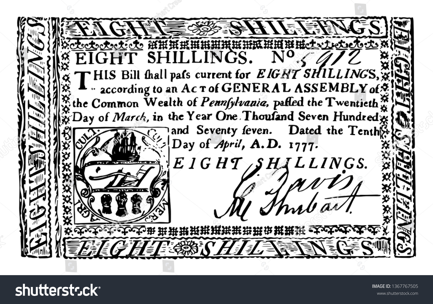 SVG of This is the Eight Shillings Bill New York currency from 1777. This is the portrait of the Frame, arms and value printed in red in the upper part of the bill, vintage line drawing or engraving svg