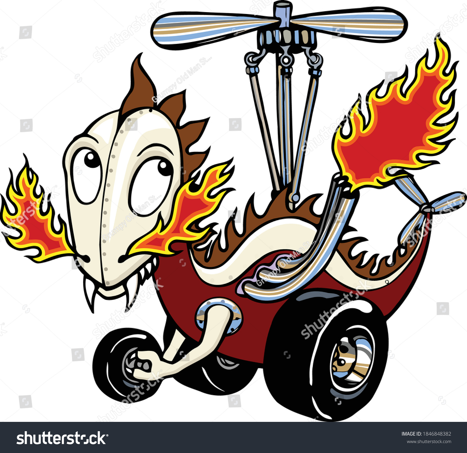 SVG of This mechanical dragon hot rod is cruising around the main drag.  This design features a mechanical dragon with propeller. svg