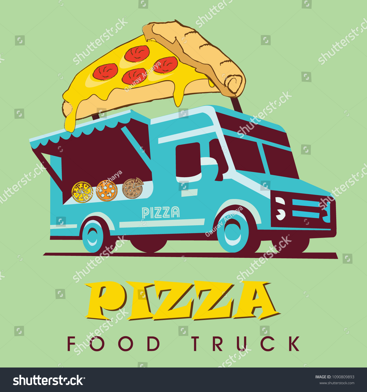 This Vector Illustration Pizza Food Truck Stock Vector