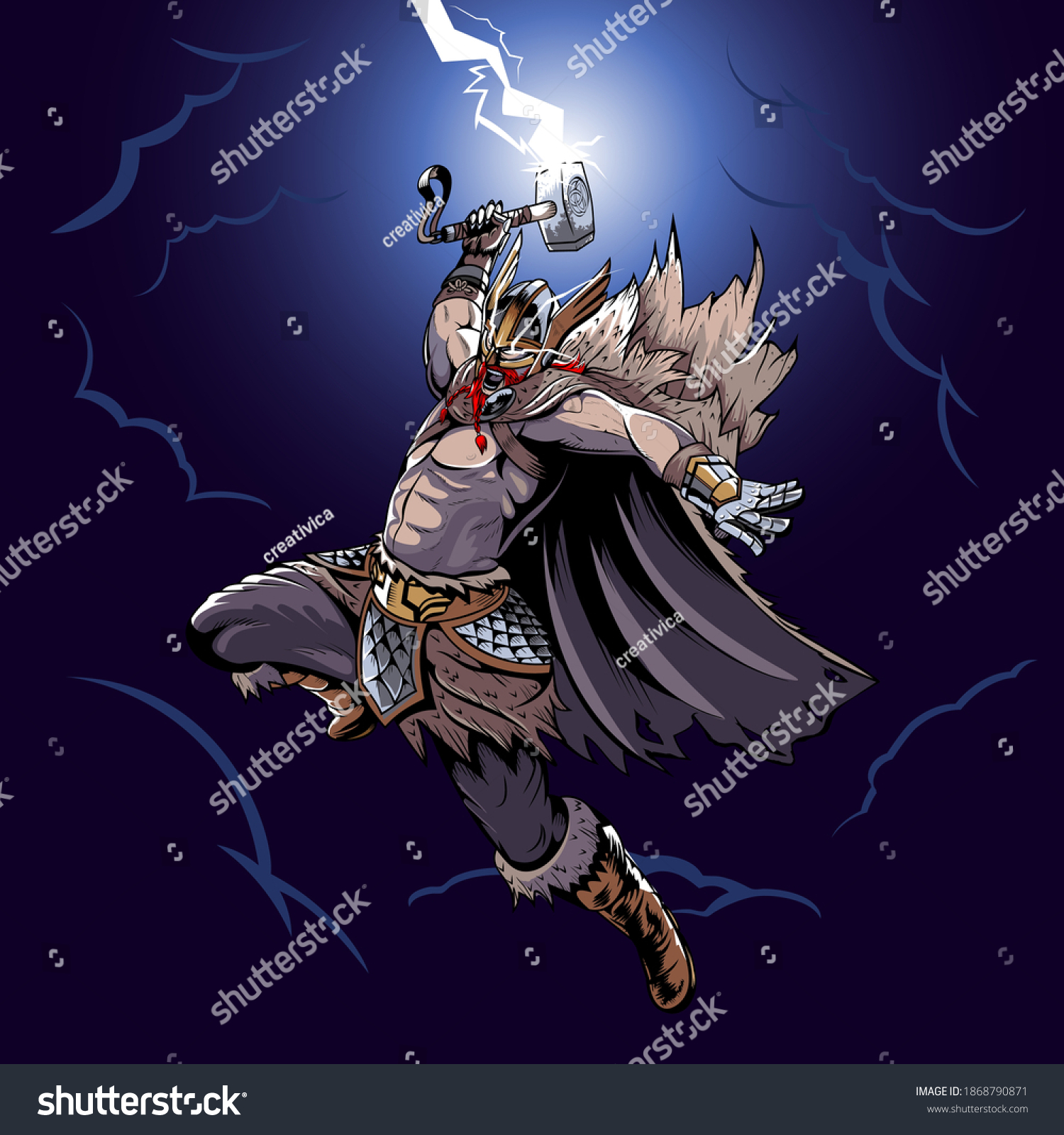 SVG of Thor lineart vector illustration holding Mjolnir with his iron gauntlet and power belt svg