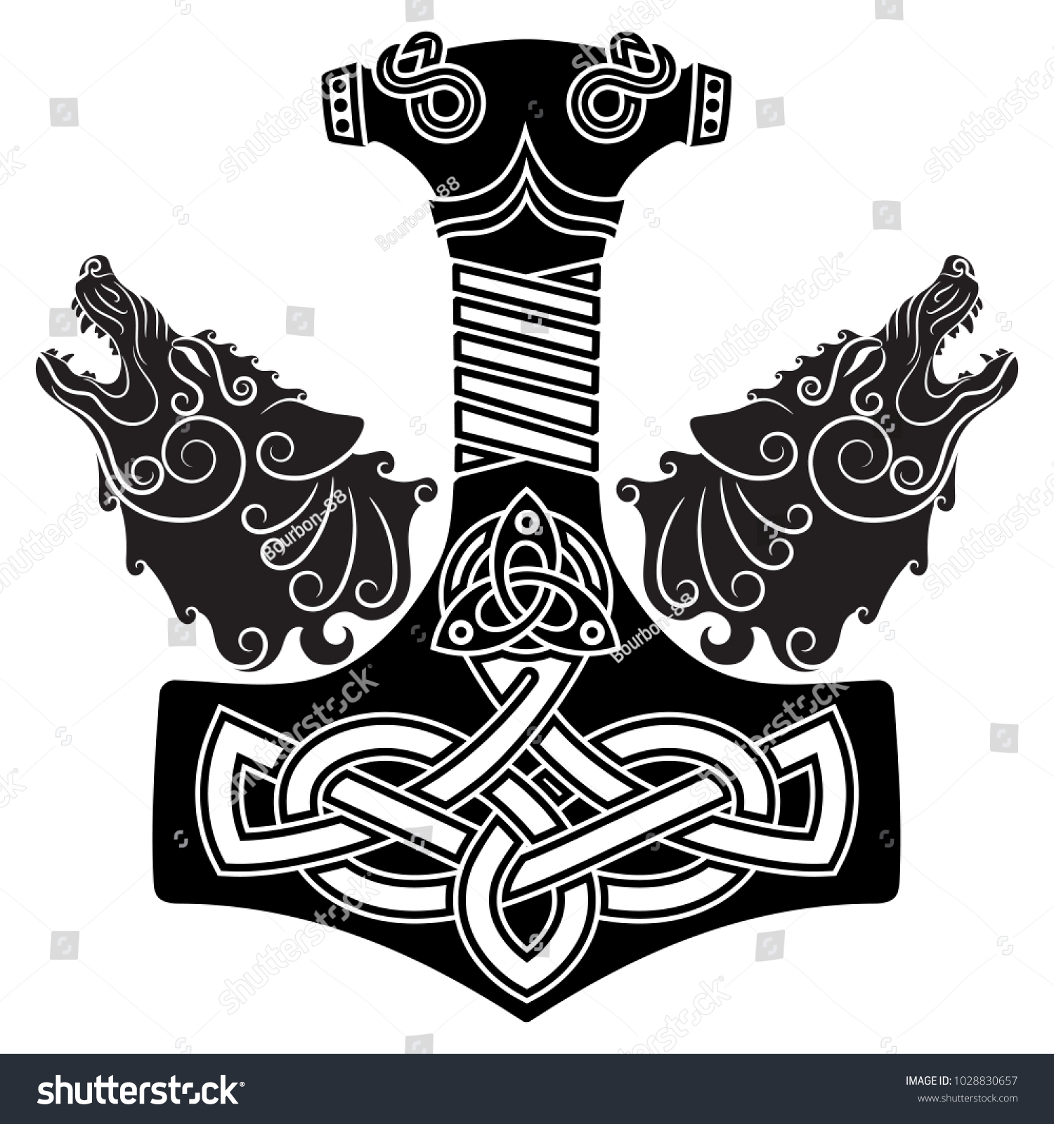 SVG of Thor s hammer - Mjollnir, Scandinavian ornament and two wolfs, isolated on white, vector illustration svg