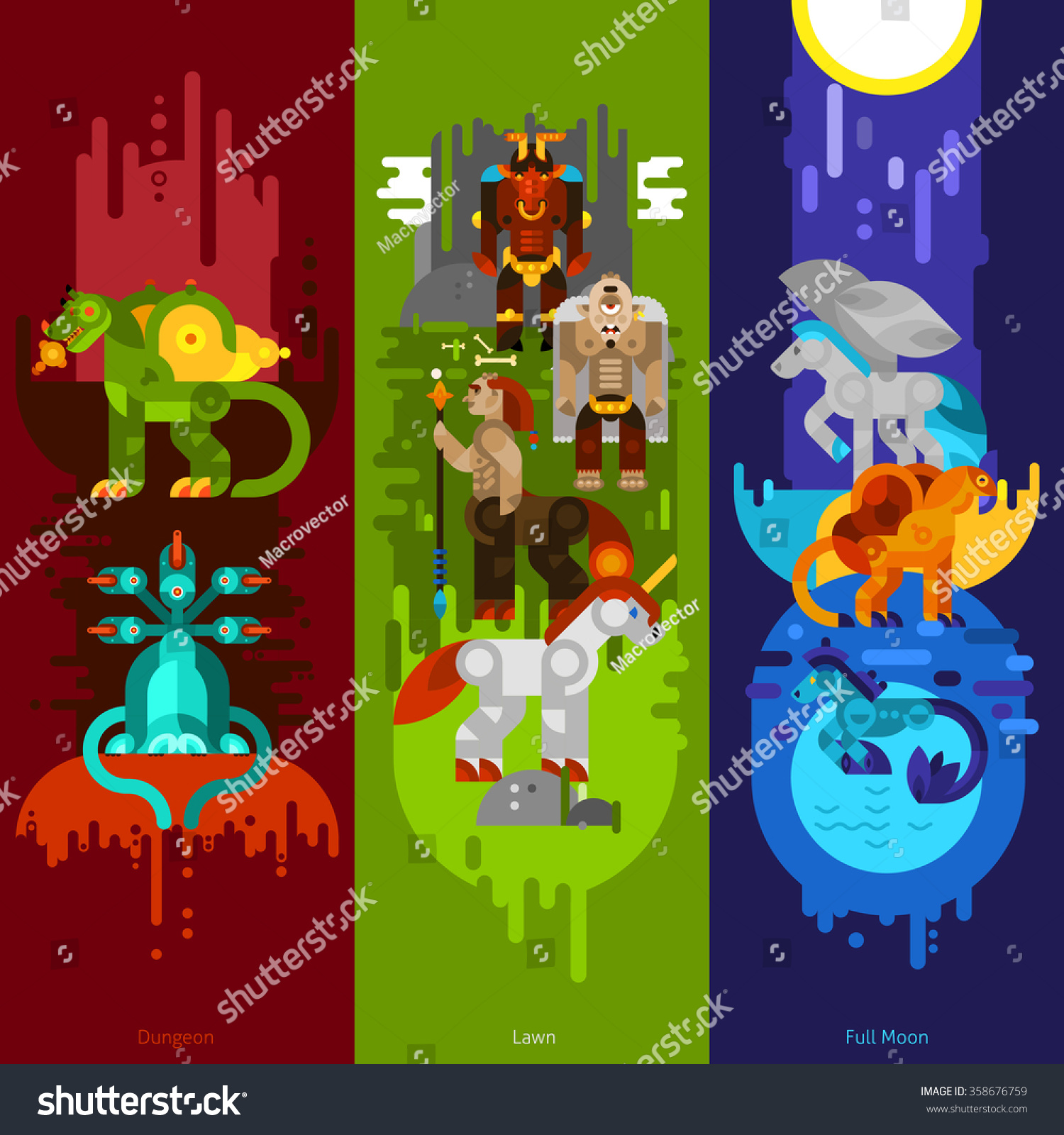 Three Banners Flat Mythical Creatures Dungeon Stock Vector Royalty Free