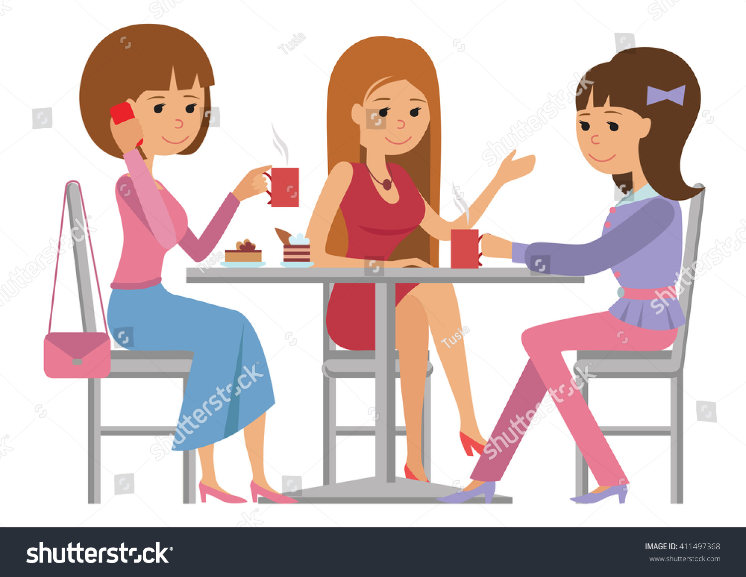 Three Beautiful Friends Women Talking Friendly At Coffee Shop While ...